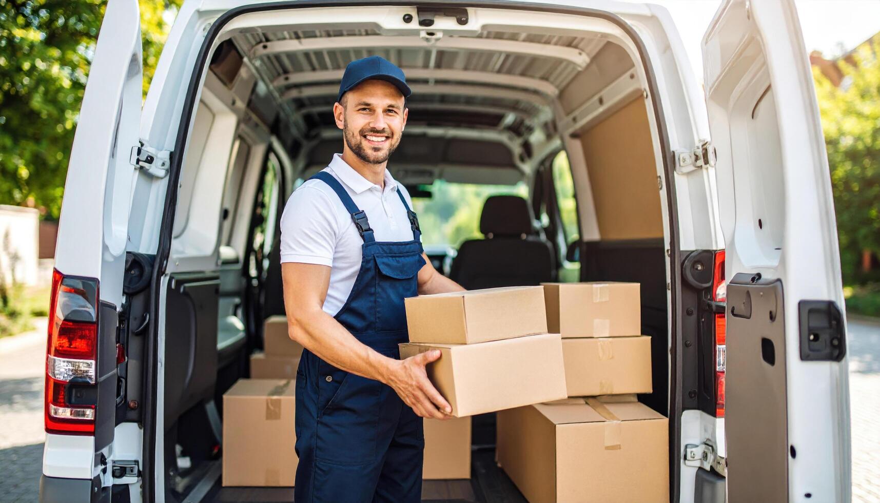 Smiling delivery worker loading boxes into van on sunny day, wearing uniform and cap, with background of green trees, conveying sense of reliability and service photo