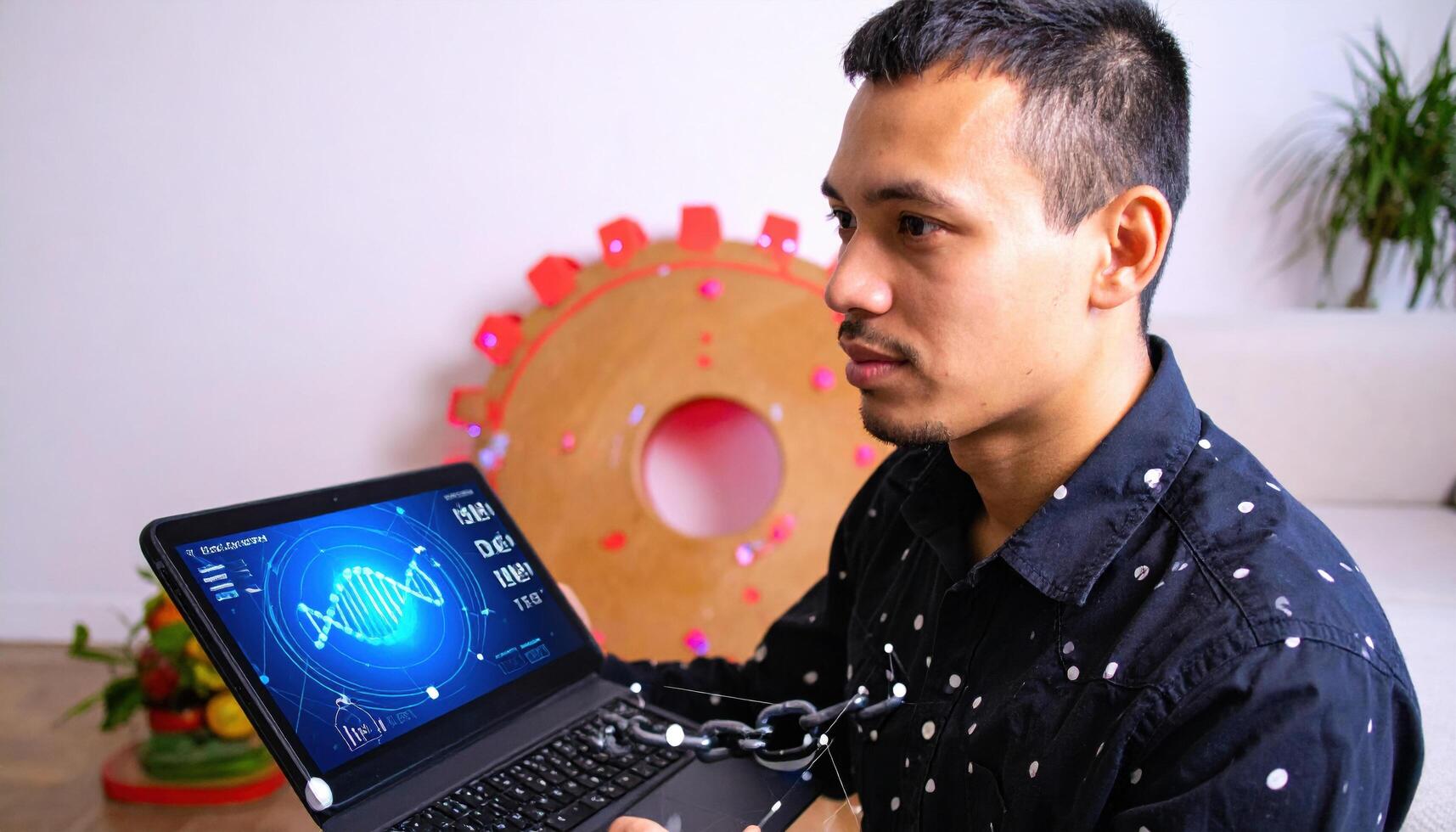 Man with serious expression is holding laptop displaying digital graph, connected by chains, symbolizing data security or digital confinement, in modern room with decorative wheel and plants photo