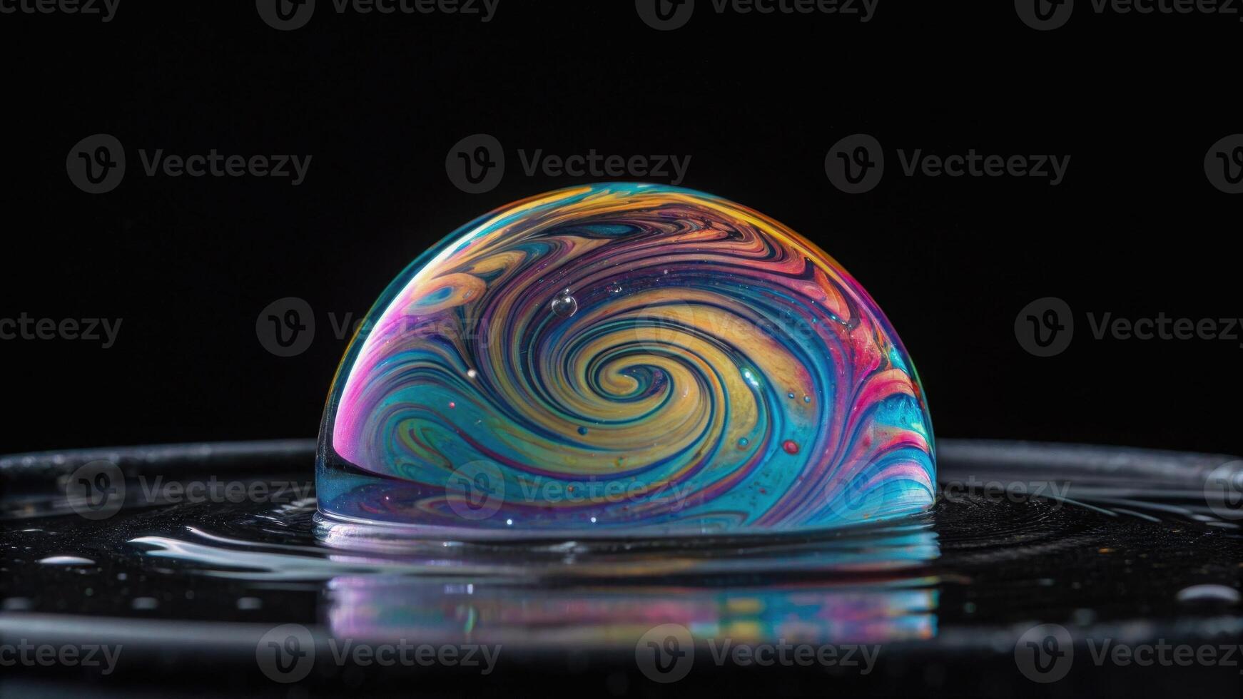 Colorful swirl pattern on soap bubble floating on water surface with black background, showing vibrant abstract holographic effect and smooth reflection photo