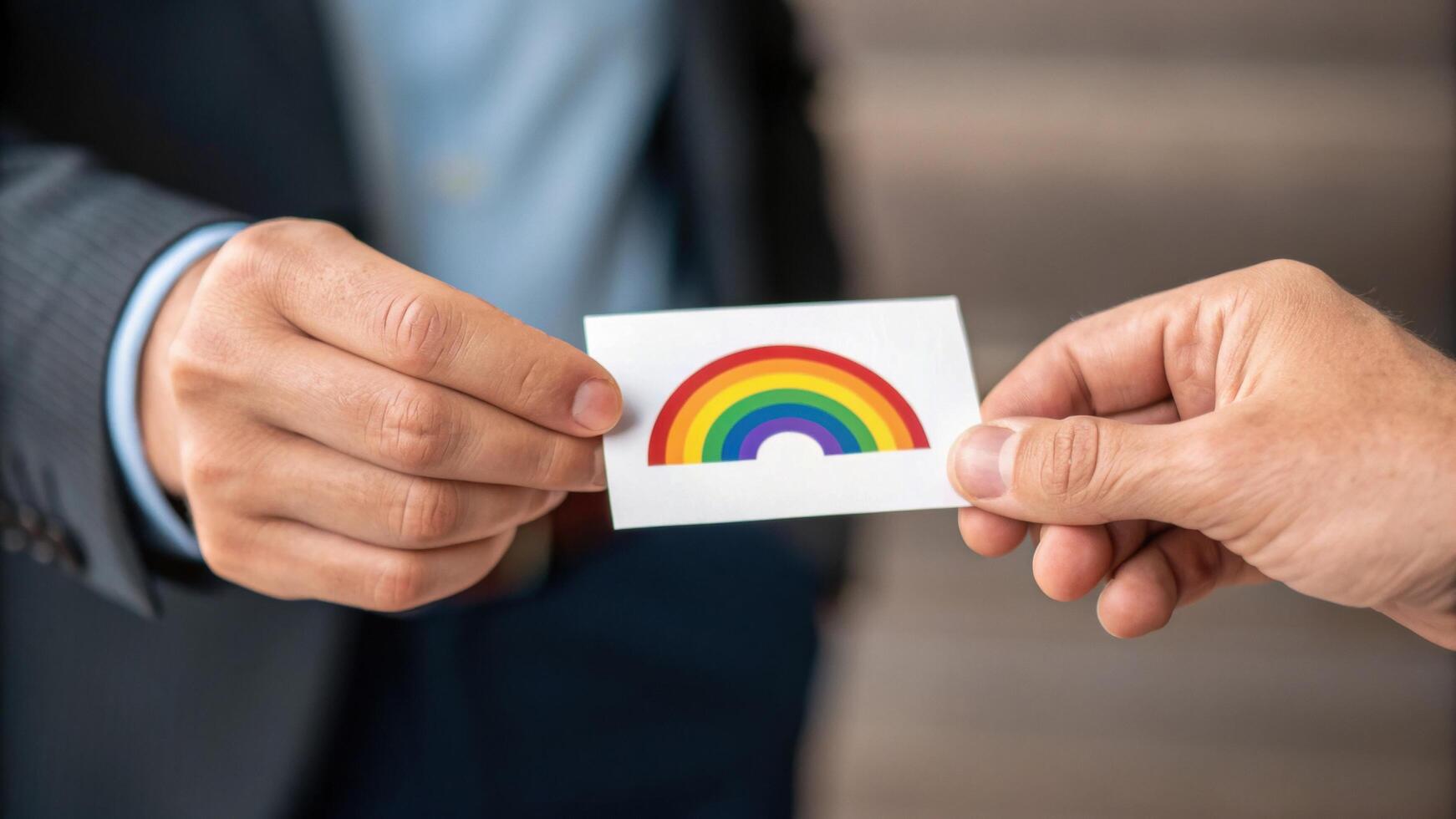 Hands exchanging business card with rainbow logo, symbolizing diversity and inclusion in professional setting, close up of two people in formal attire sharing colorful card photo