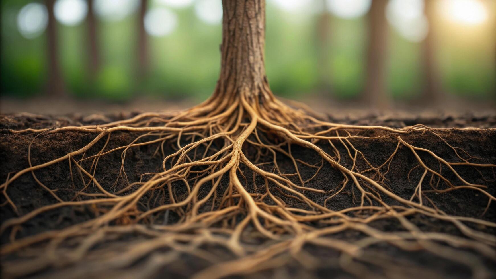 Tree root system underground showing detailed network of roots spreading through soil in natural environment with sunlight photo