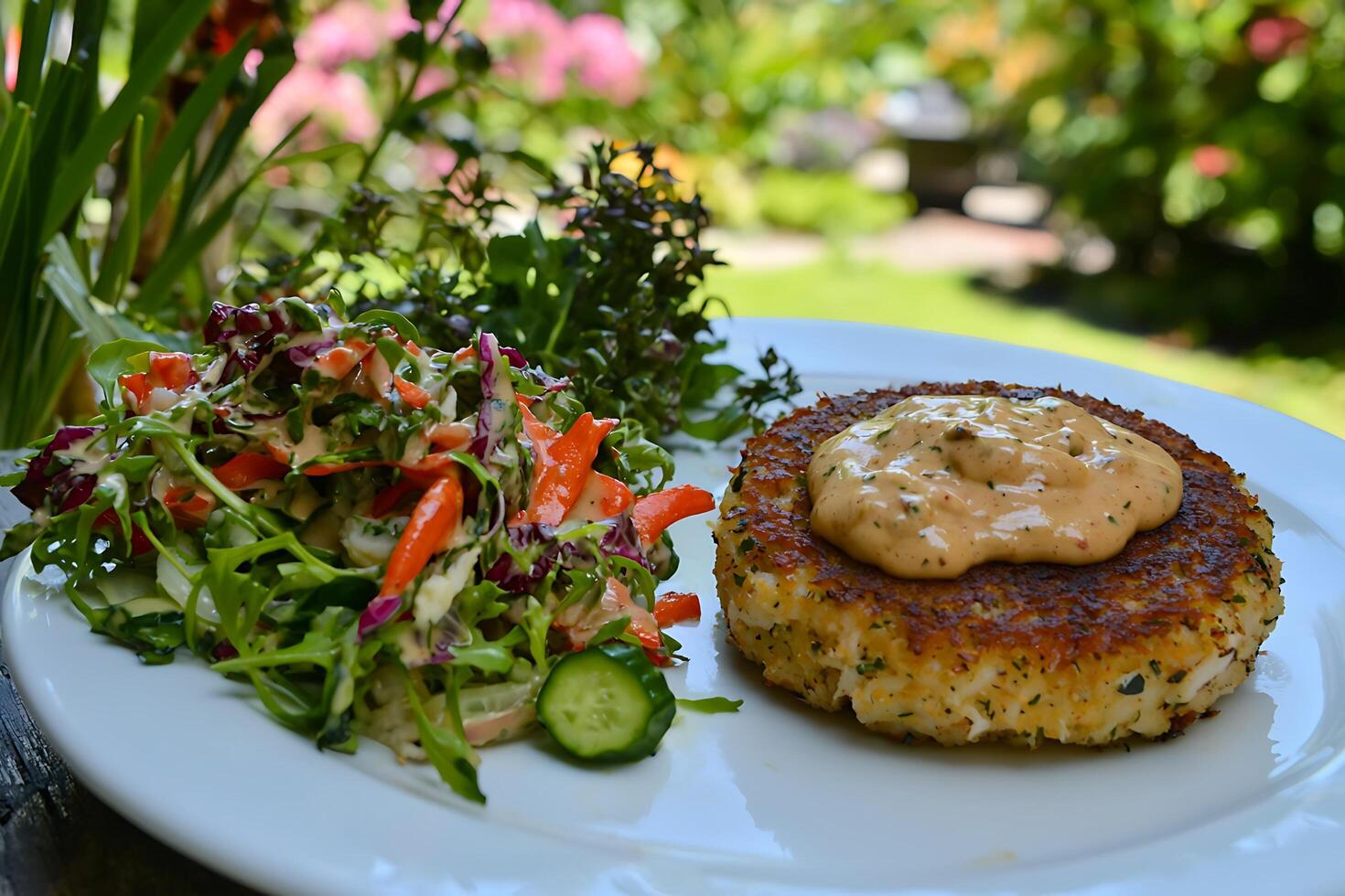 Delicious Crab Cake with Fresh Salad on a Sunny Outdoor Patio. photo