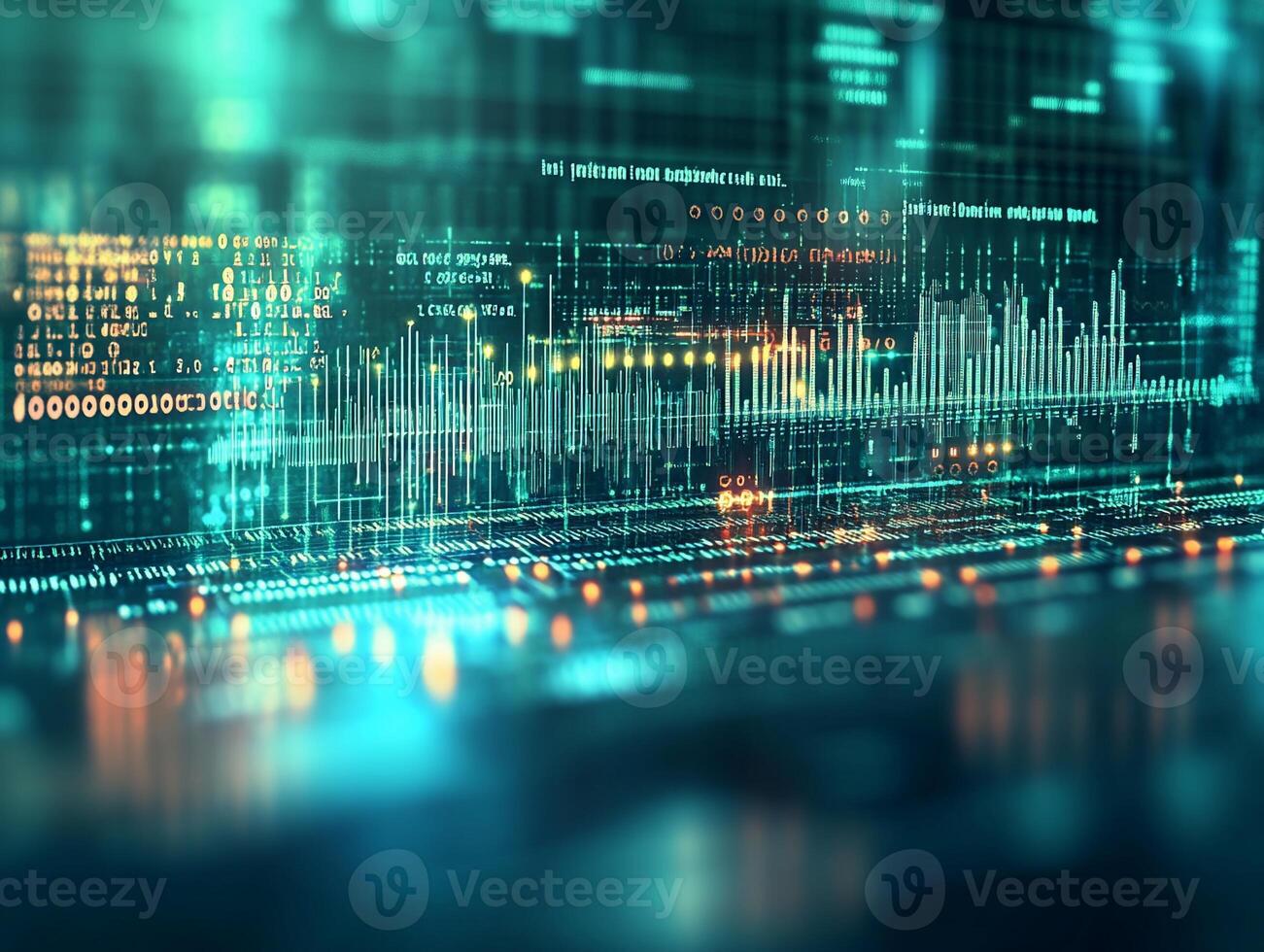 Abstract digital data stream visualization with glowing lines and code. photo