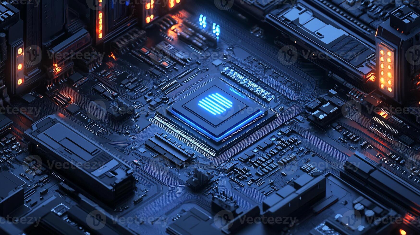 Closeup of a glowing computer processor chip on a circuit board. photo