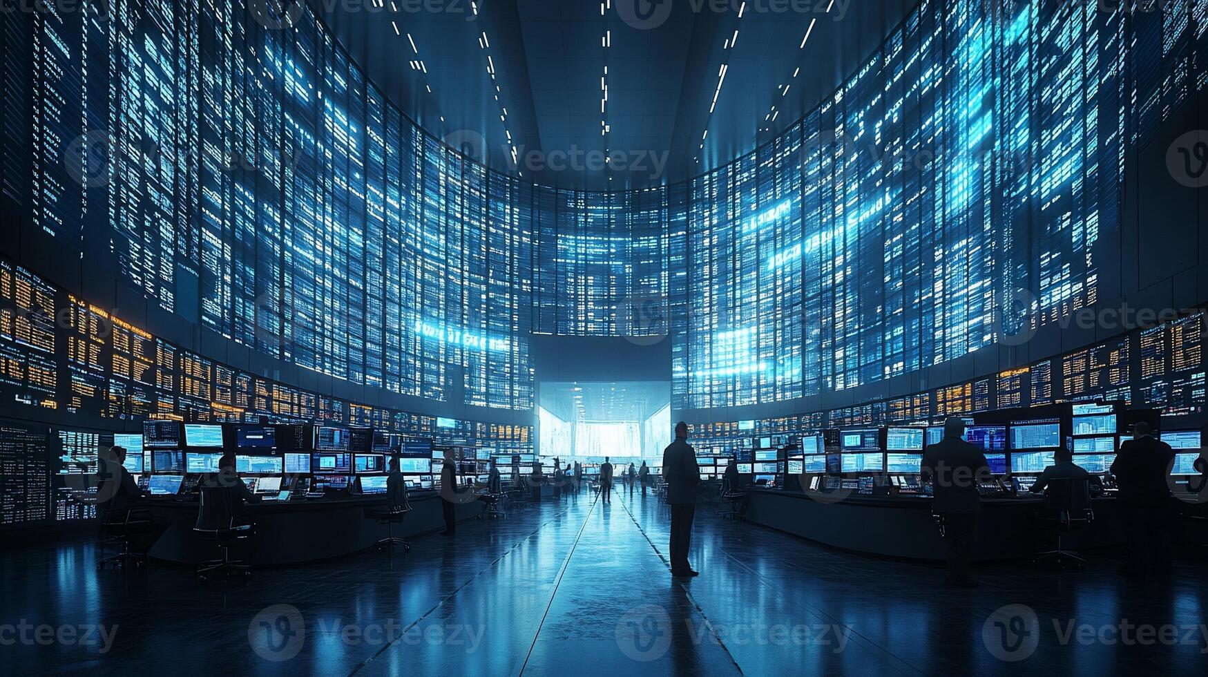 Futuristic control room with data streams on large screens, technicians monitoring systems. photo