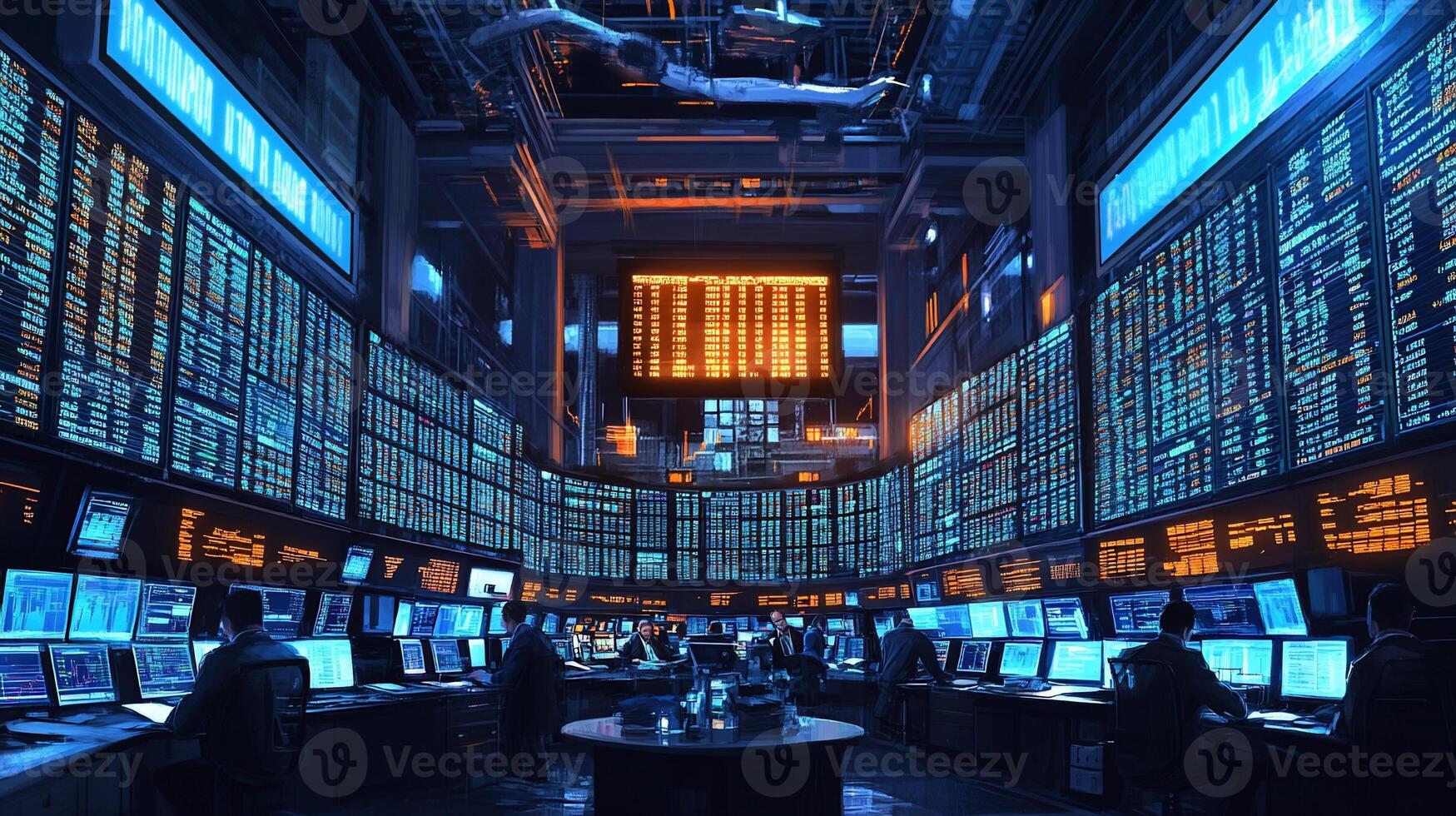 Futuristic trading floor with numerous screens displaying financial data, traders working at computers. photo