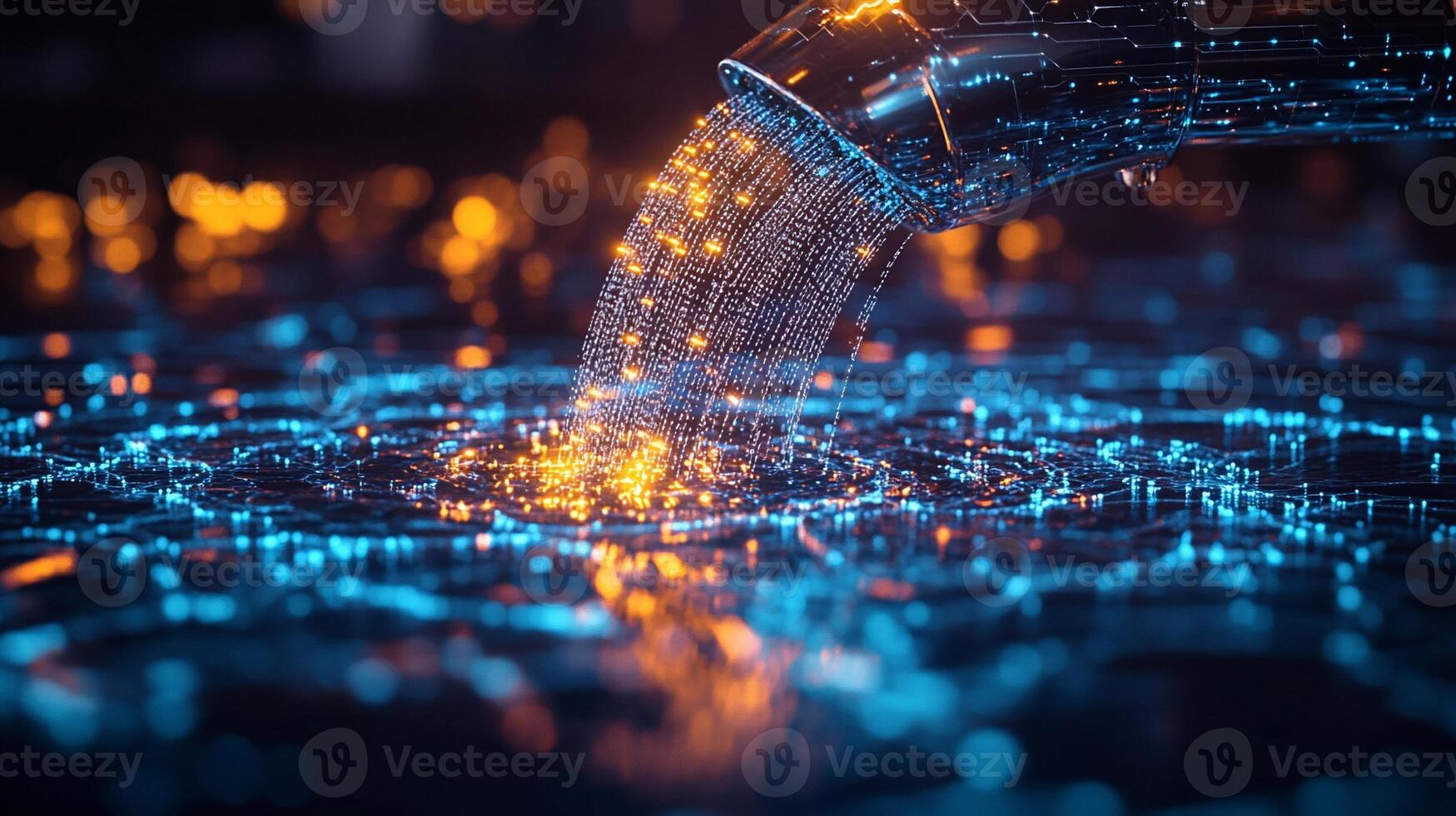 Abstract digital data stream flowing from a futuristic pipe into a digital landscape. photo