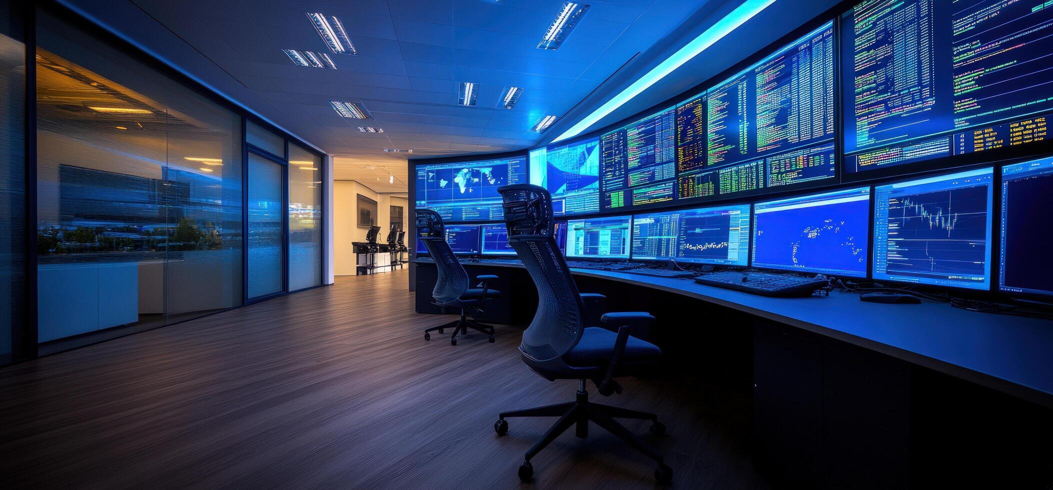 Advanced Technology Control Room HighTech Monitoring Center with Multiple Screens Displaying Data and Information. photo