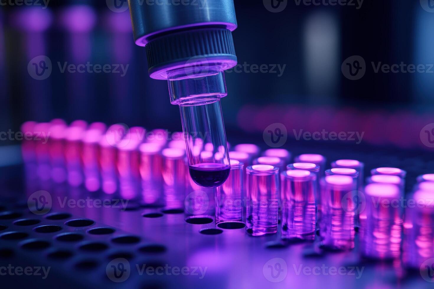 Closeup of Automated Liquid Handling System Dispensing Purple Reagent into Microplates in a Laboratory Setting photo