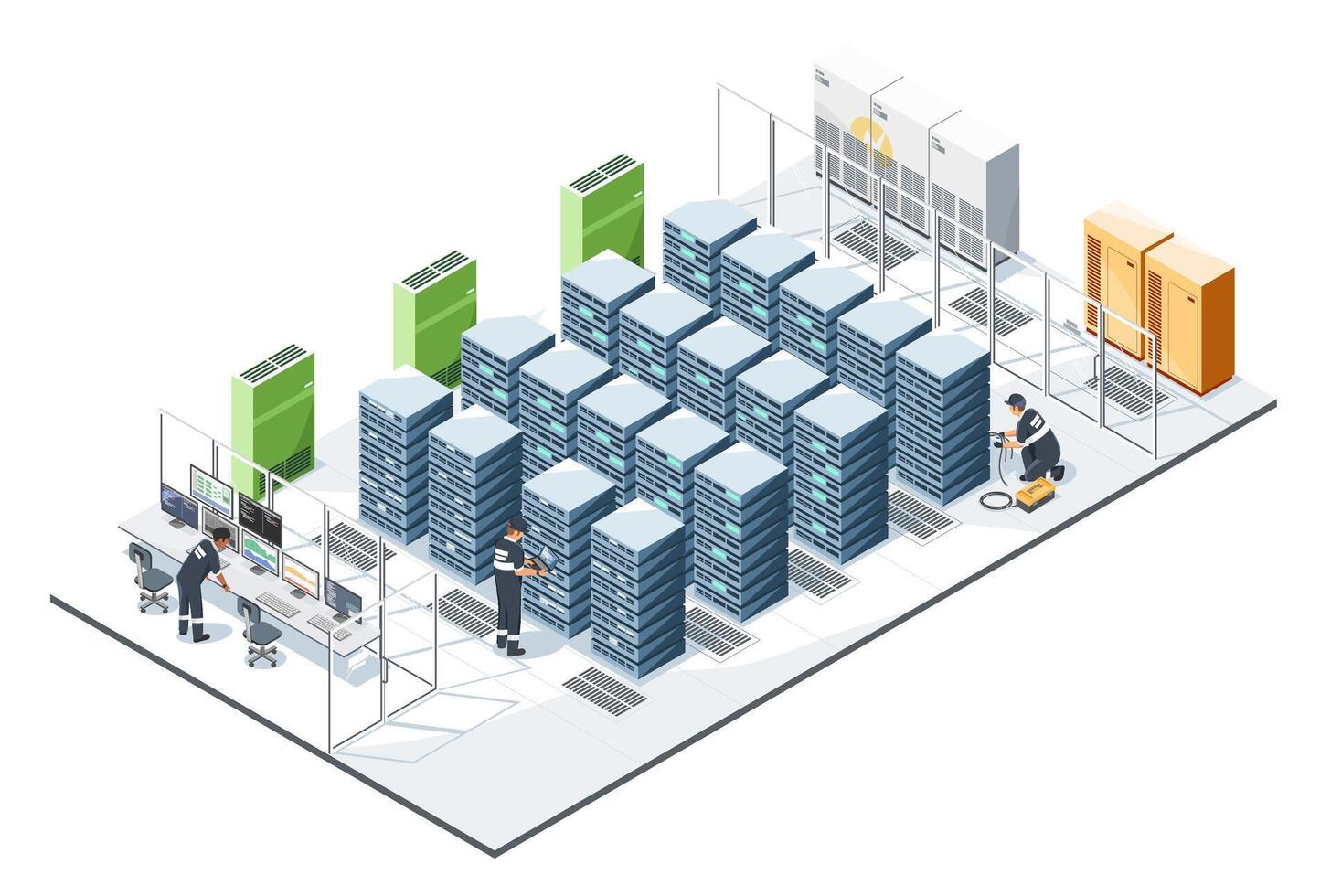 Data center with servers and technicians vector
