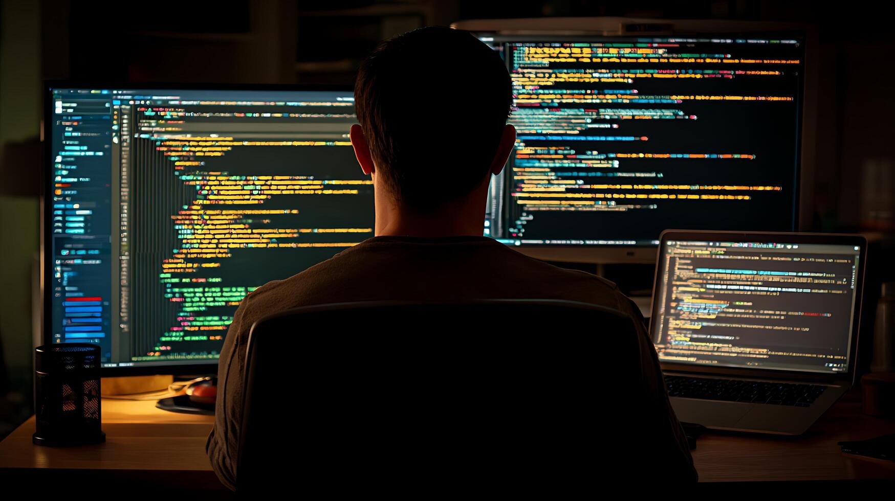 Programmer Working Late Night On Multiple Monitors Full Of Code. photo