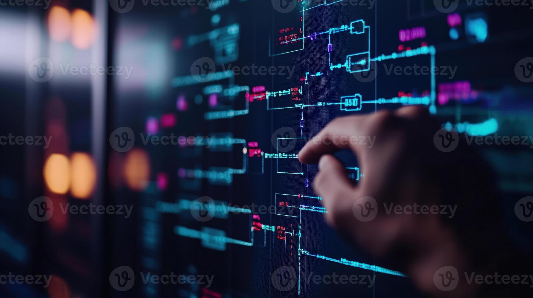Digital Data Flow Visualization A Hand Interacting with a Complex Network of Information on a Screen photo