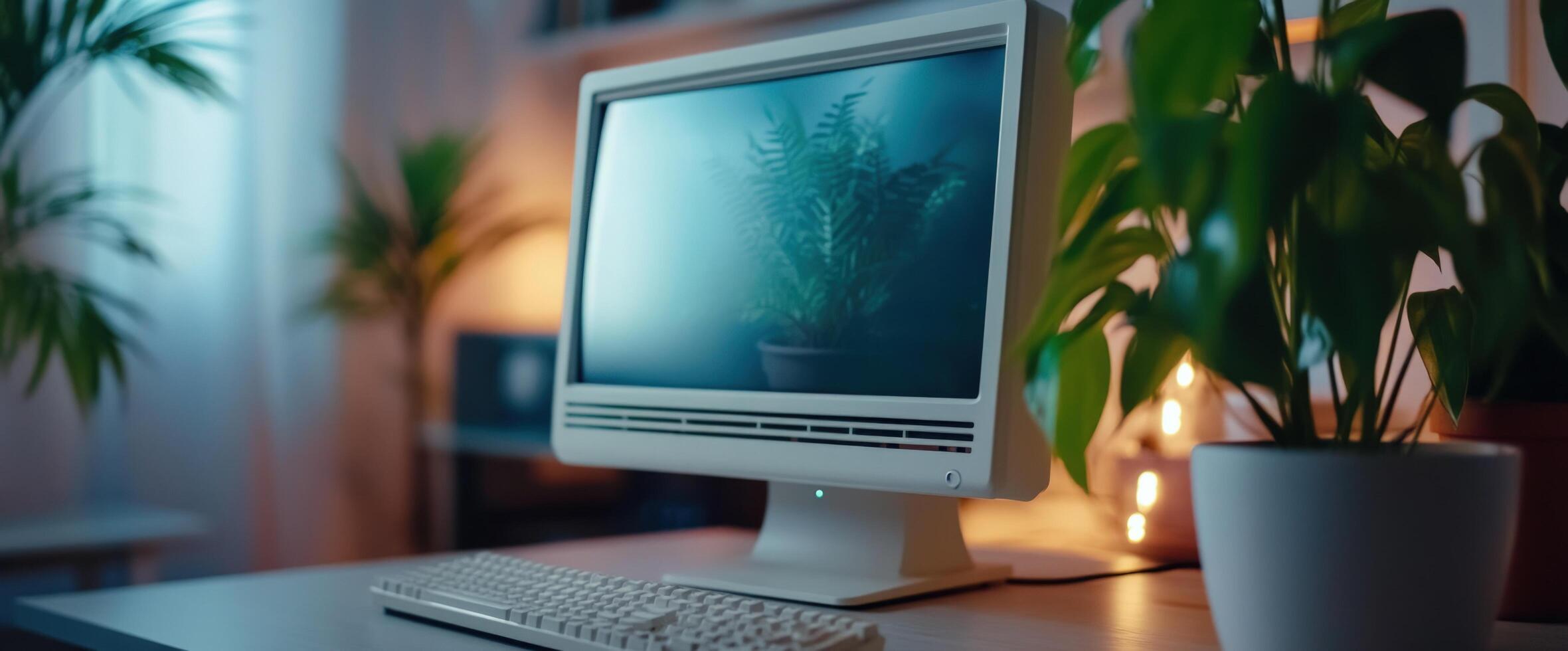 Retro Computer with Plants in a Cozy Home Office photo