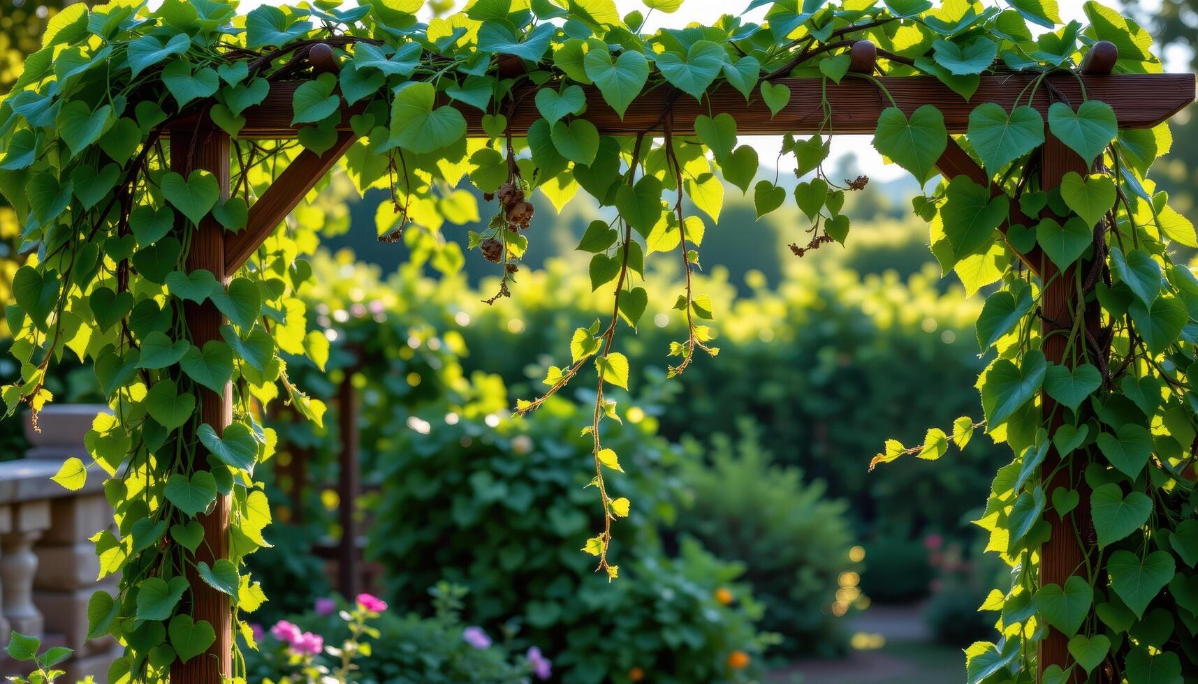 lush emerald vines draping gently over a rustic trellis, bathed in the soft glow of daylight. photo