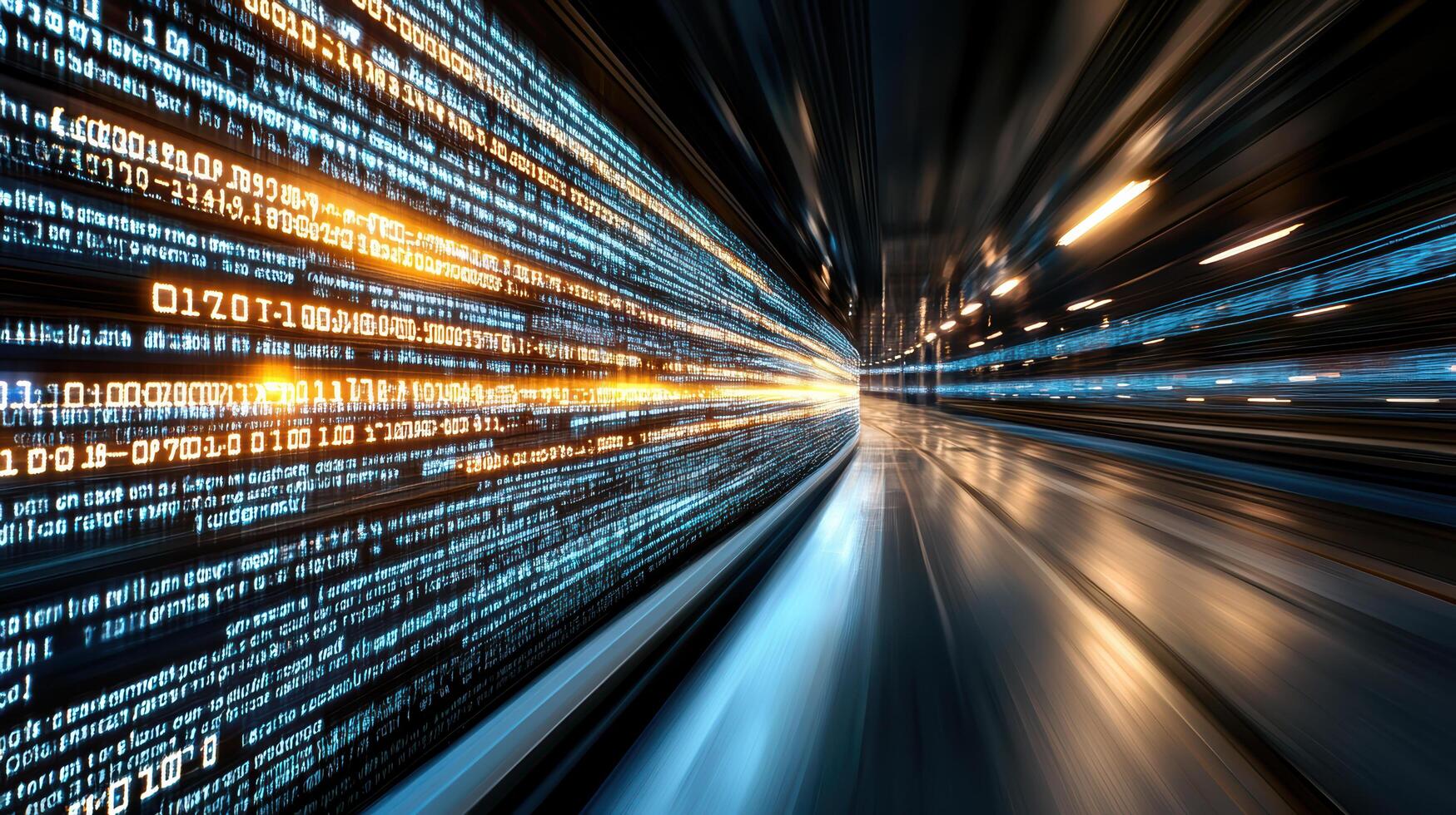 Digital data stream with vibrant blue and orange lights creating sense of speed and technology photo