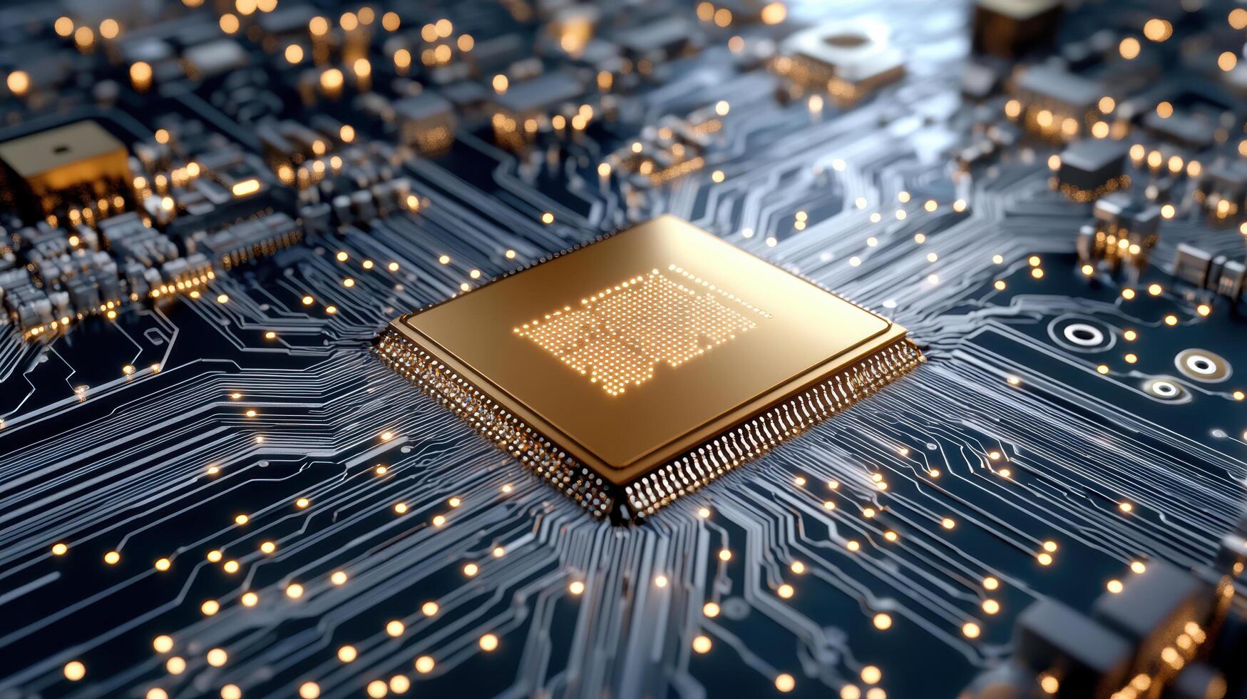 High tech circuit board with central processing unit, showcasing intricate details and glowing photo