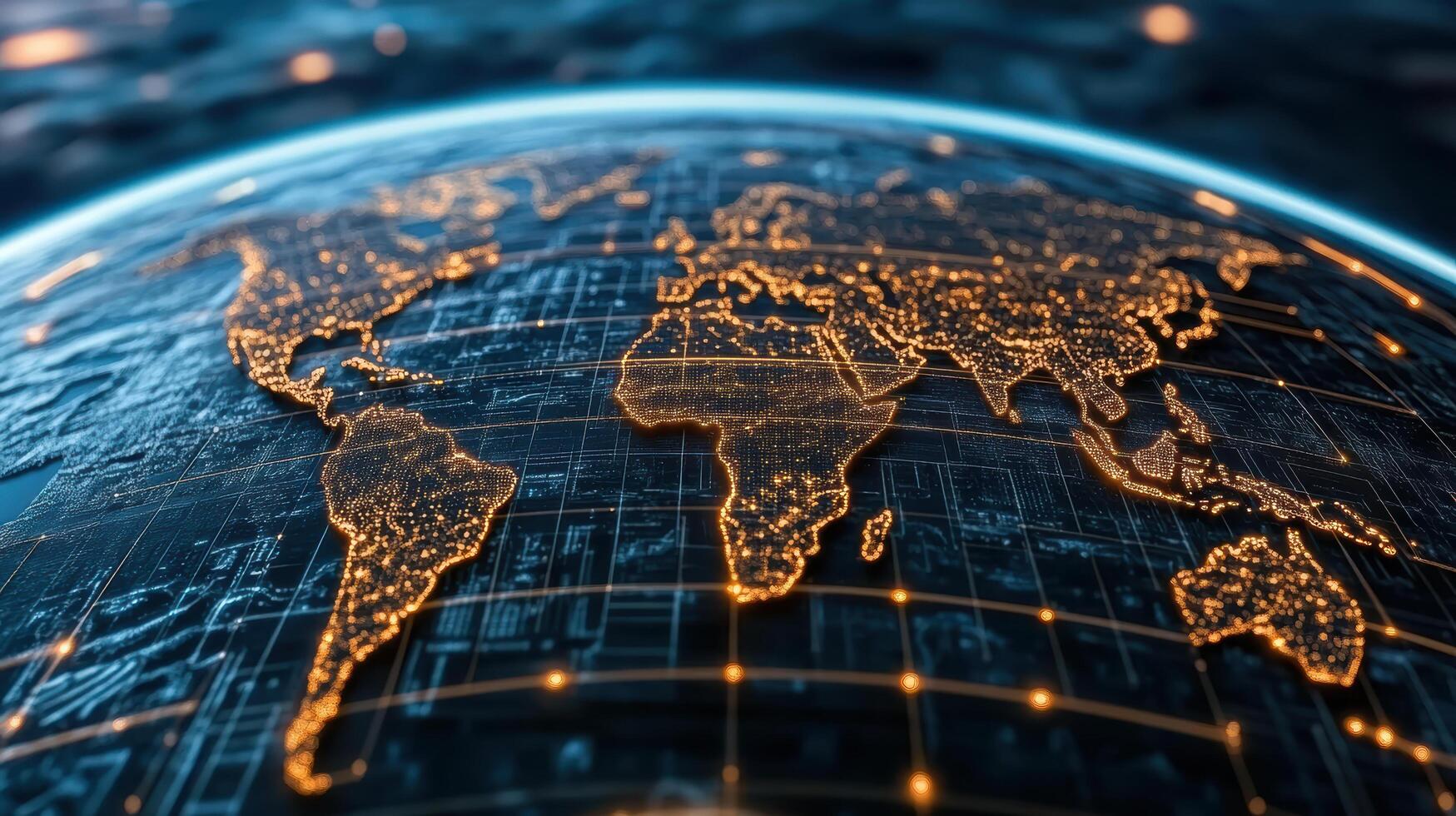 Illuminated globe with digital map, showcasing continents and grid lines, symbolizing global photo