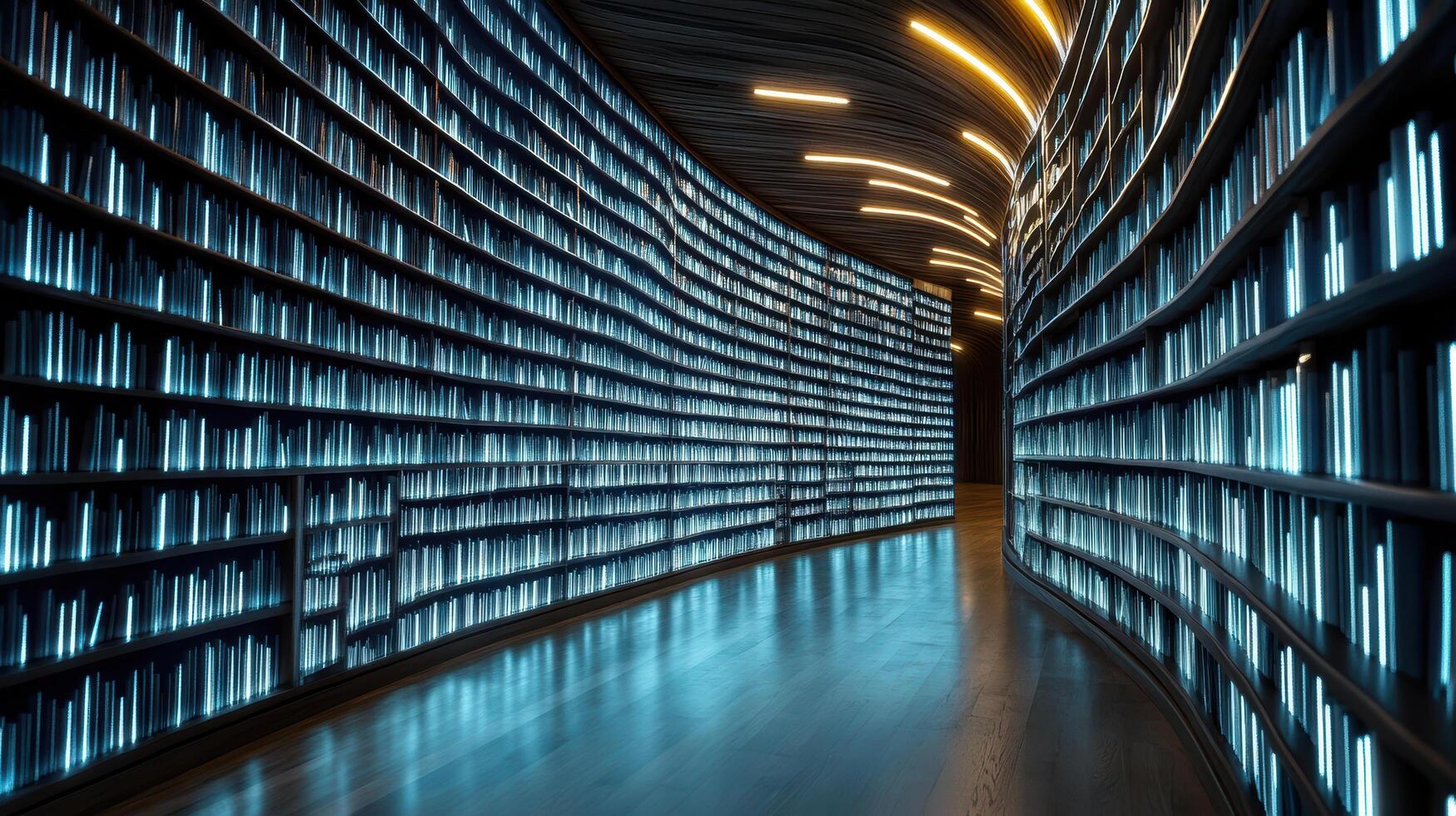 Futuristic library features illuminated bookshelves with glowing spines, creating mesmerizing photo