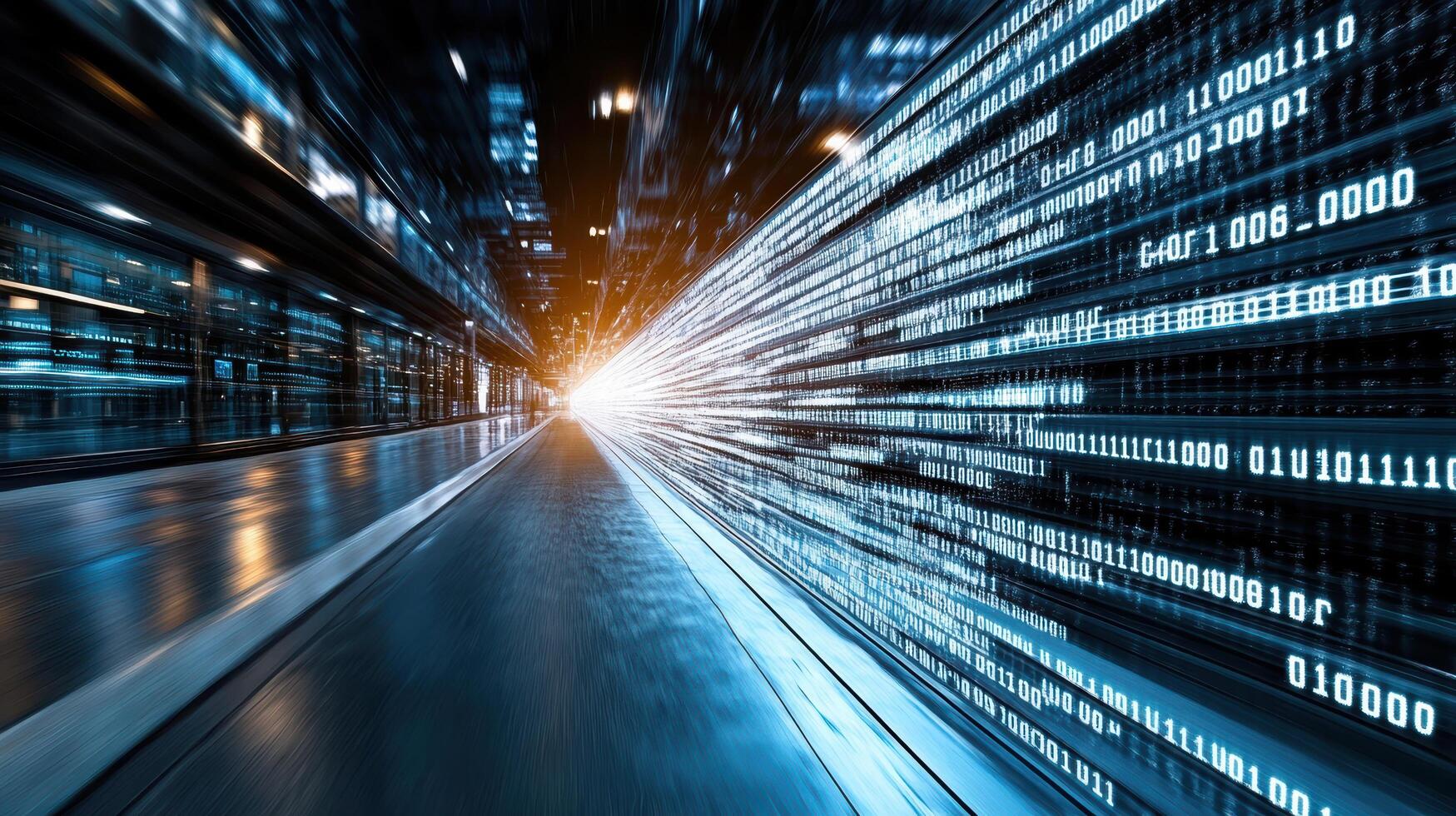 Dynamic digital data stream with binary code flowing rapidly through futuristic cityscape photo