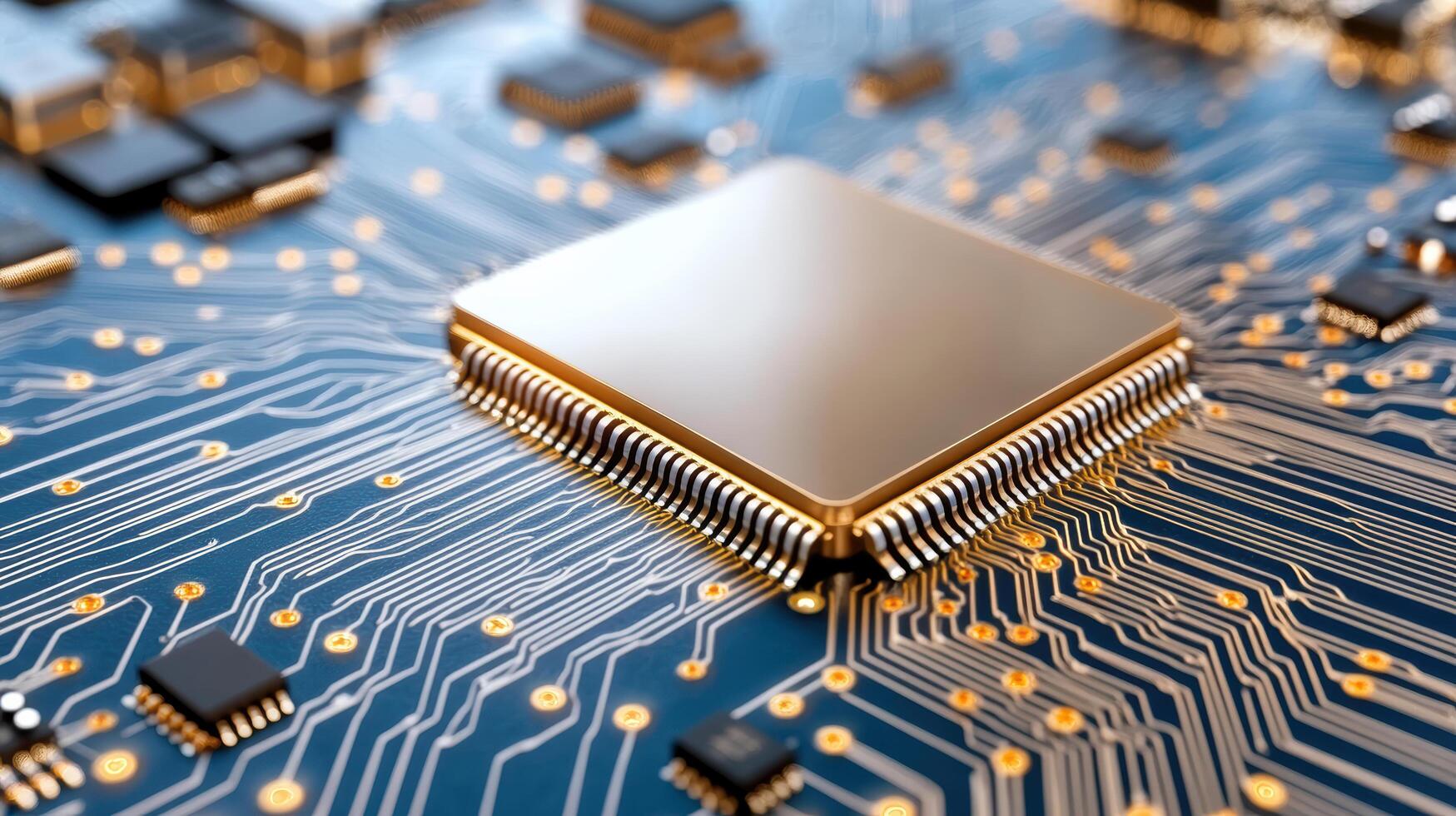 High tech circuit board with central processor and intricate connections photo