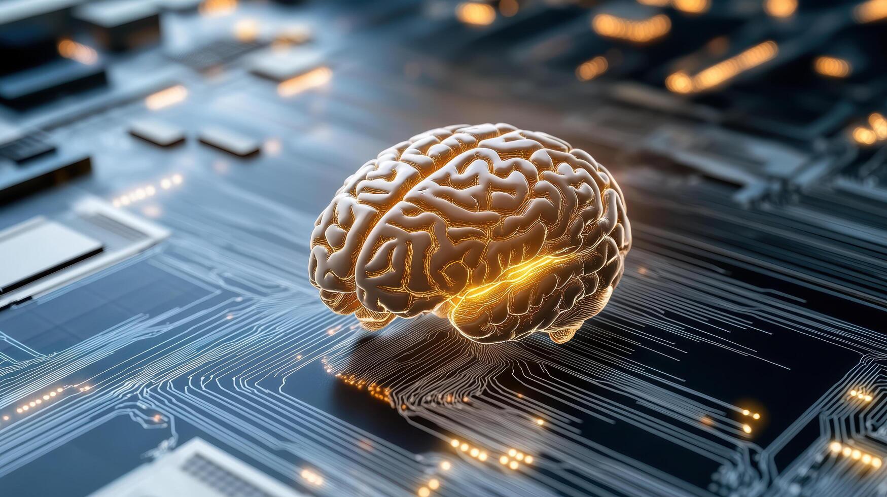 Brain model circuit board with glowing elements represents advanced technology and neuroscience photo