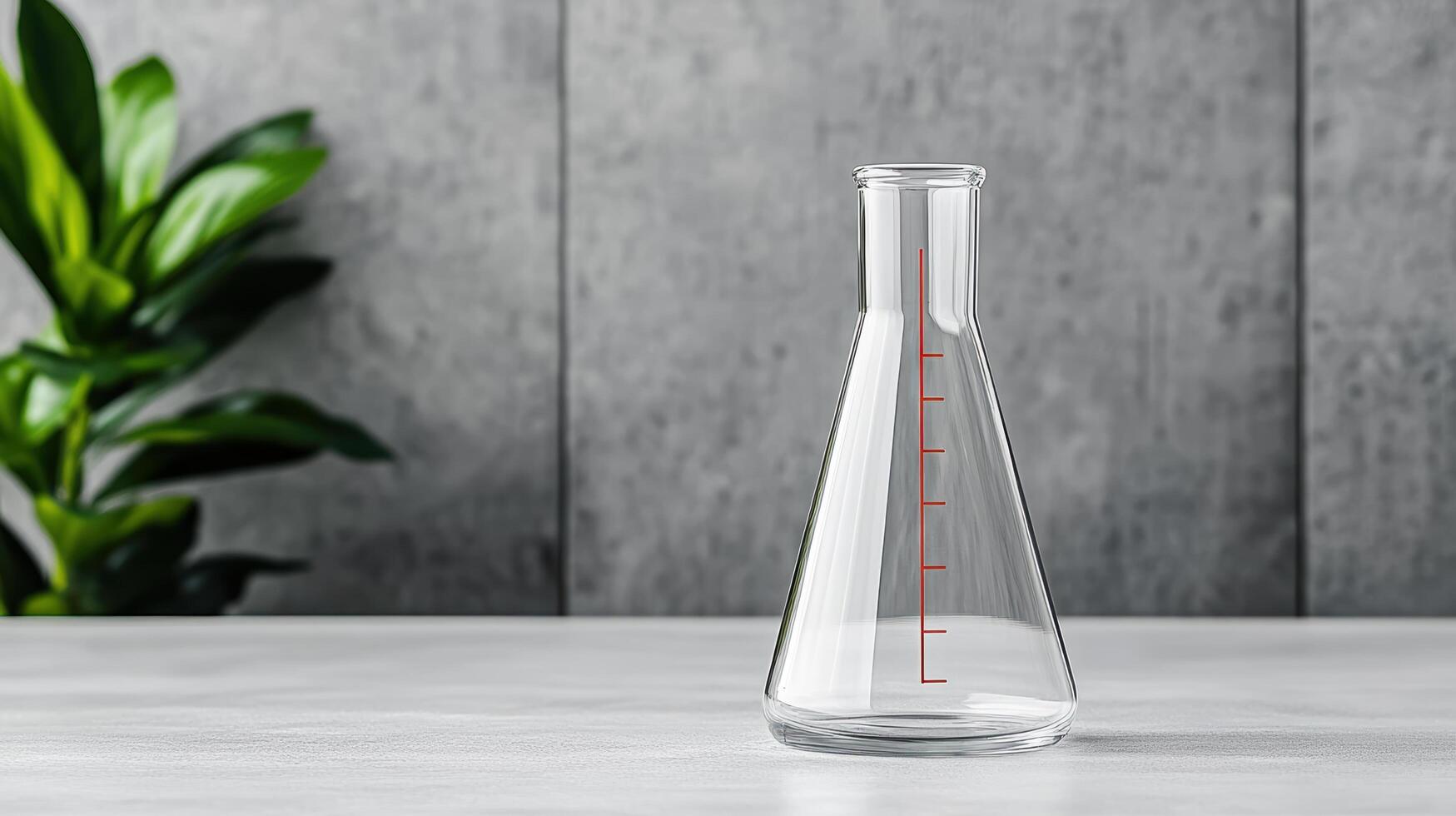 Glass measuring beaker with red scale marks, placed on table with plant in background photo