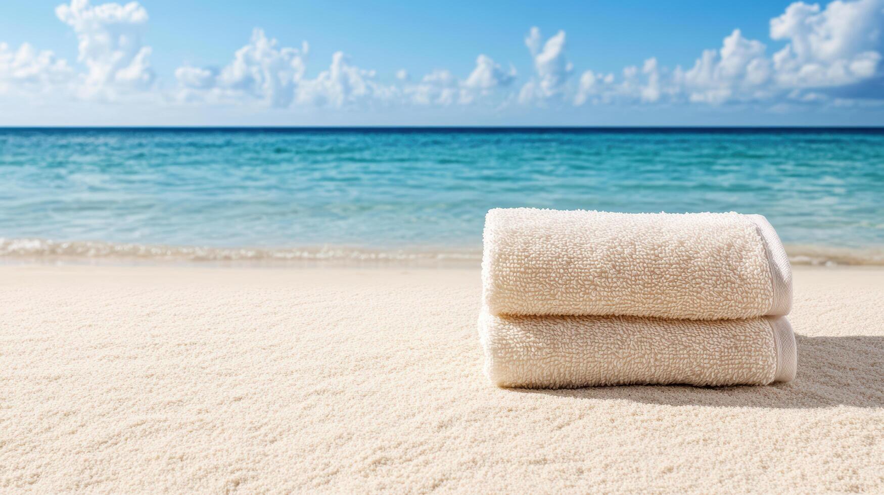 Soft towels on sandy beach with ocean view and clear blue sky create serene atmosphere photo