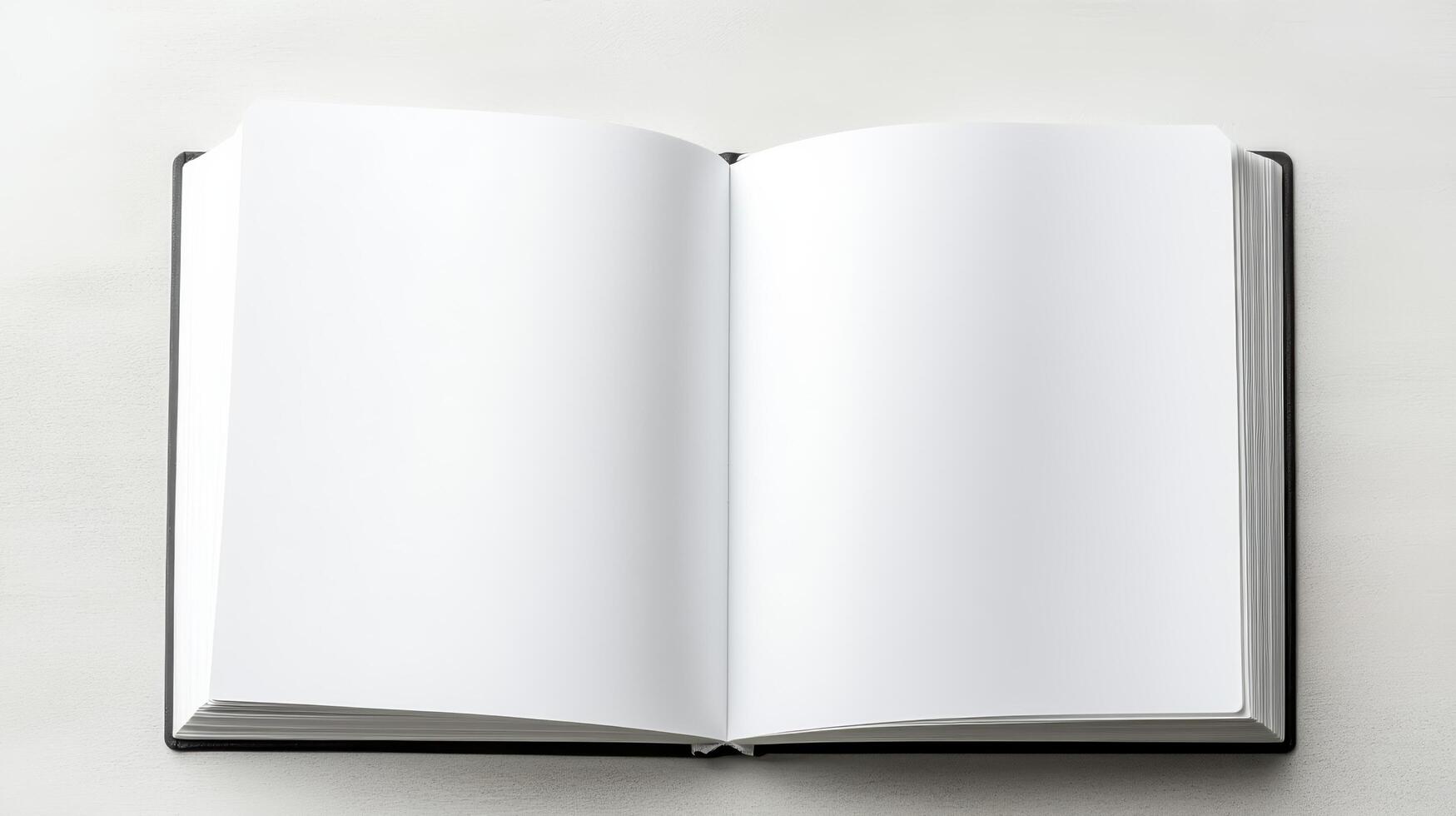 Blank notebook open on white surface, inviting creativity and ideas photo