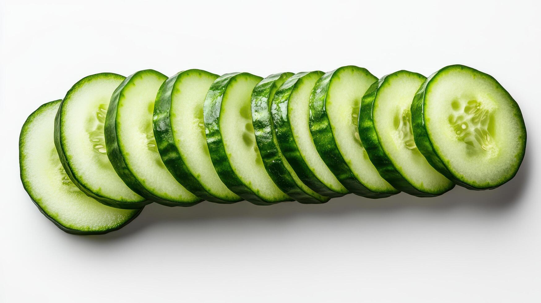 Fresh cucumber slices arranged neatly row white background, showcasing vibrant green color photo