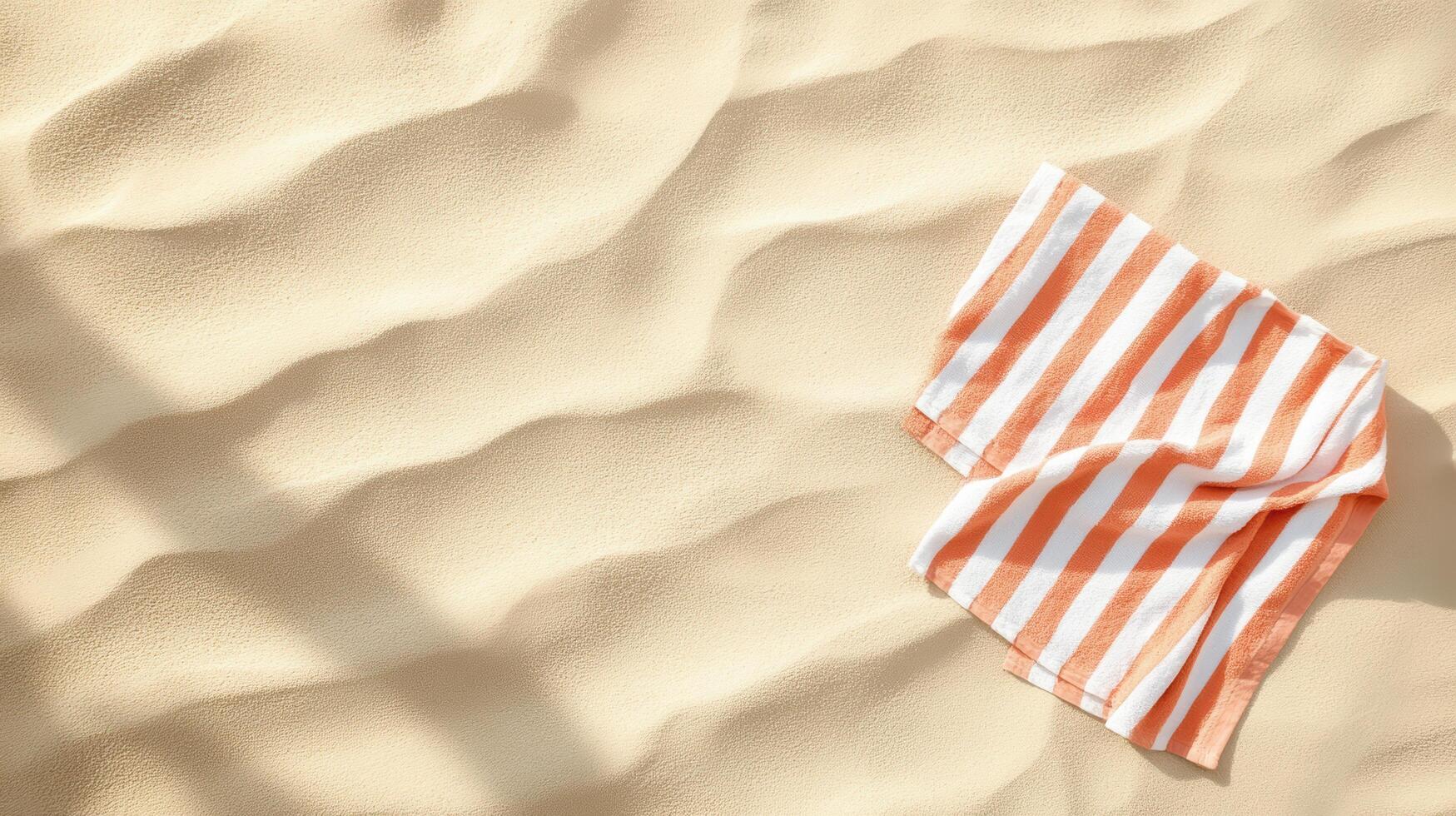 Vibrant beach towel rests on soft, golden sand, creating serene and inviting atmosphere photo