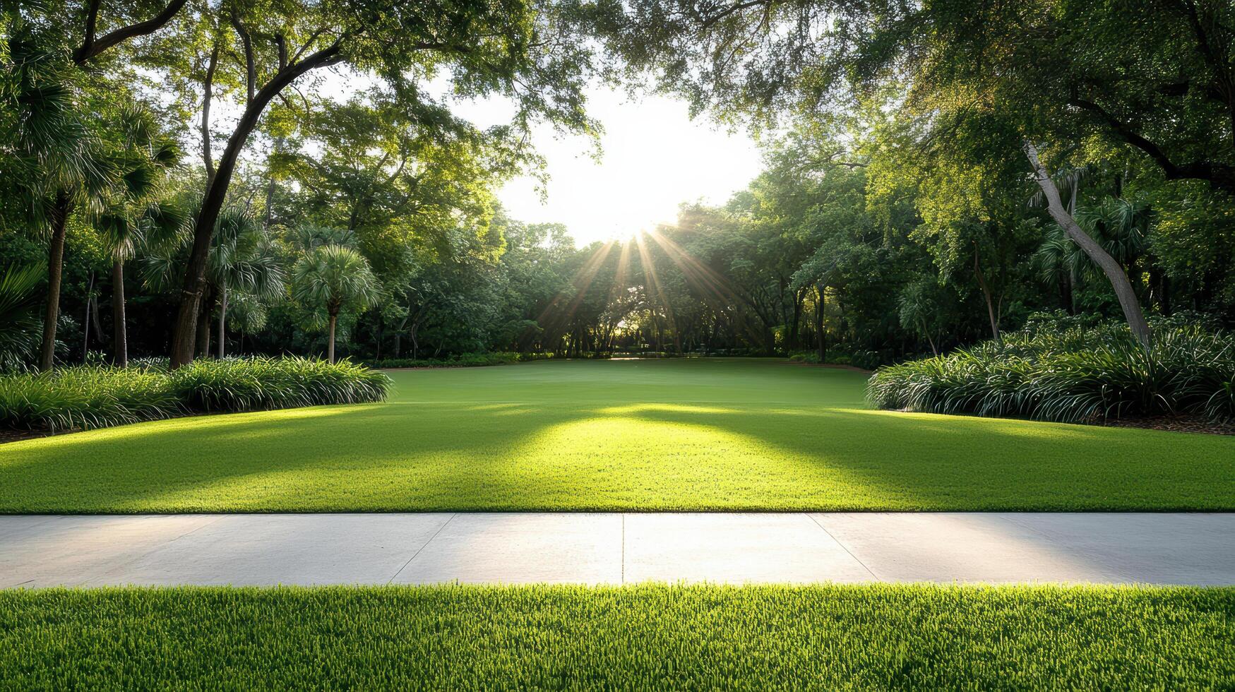 Lush green park with sunlight filtering through trees, creating serene shadows photo