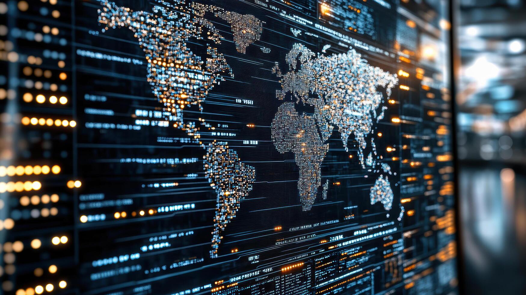 Digital world map with glowing data points and connections, showcasing global information flow photo