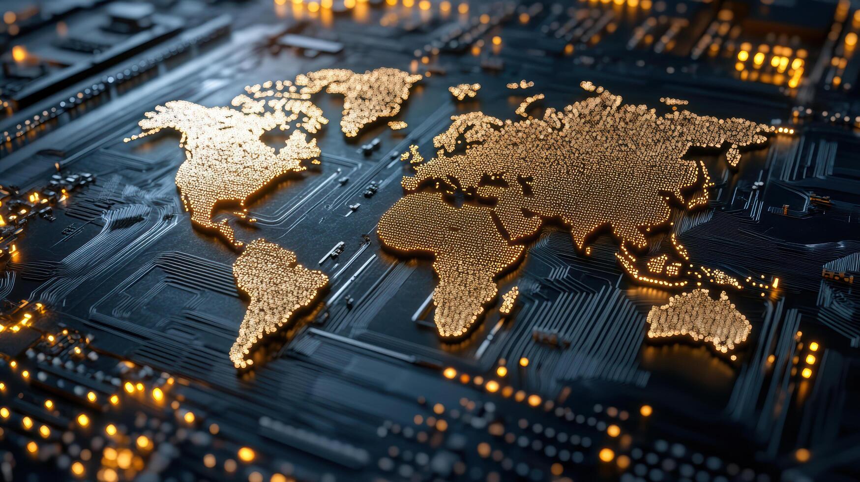 Golden world map on circuit board background, symbolizing technology and connectivity photo