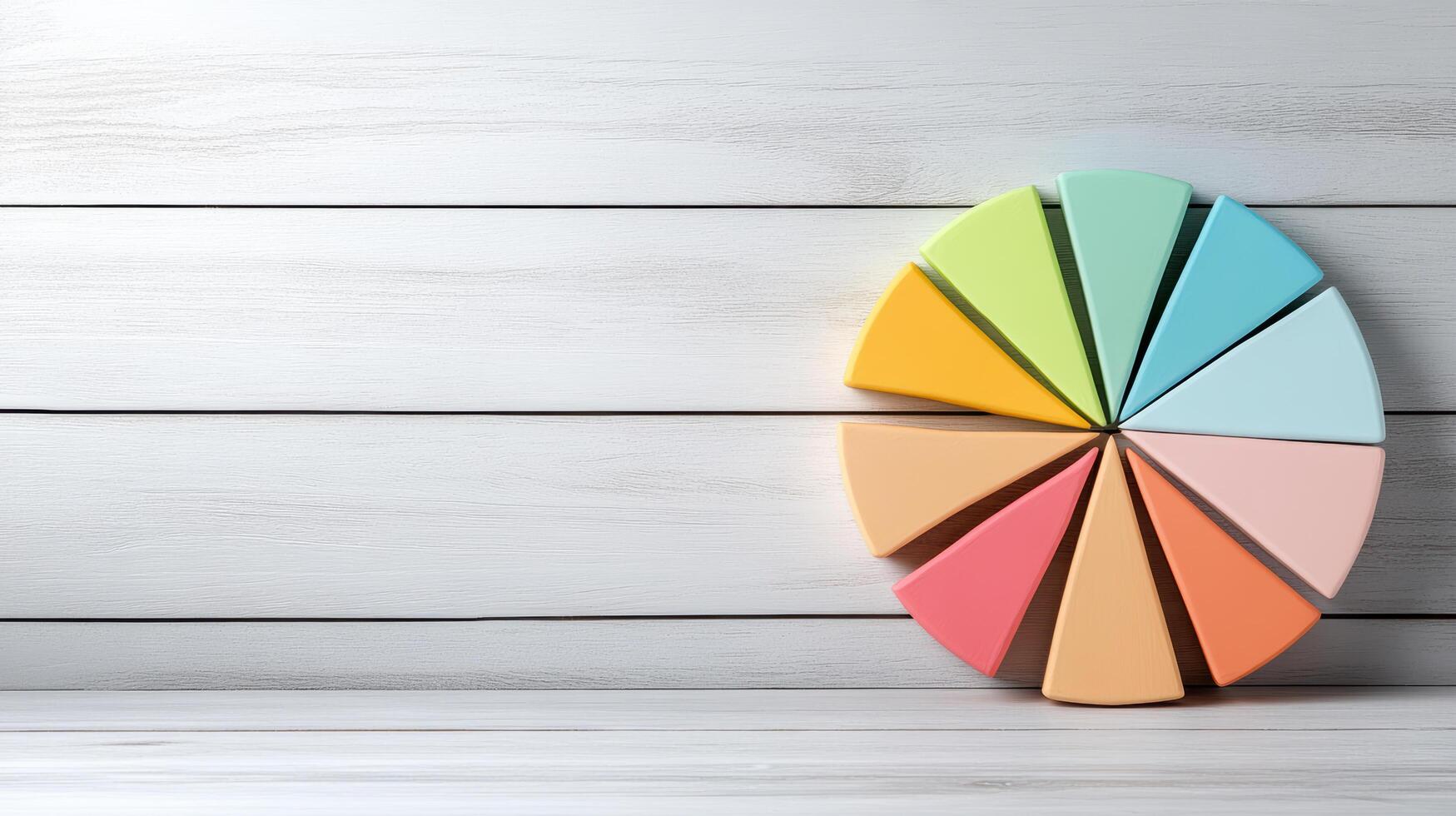 Colorful pie chart displaying various segments wooden background, symbolizing data analysis photo
