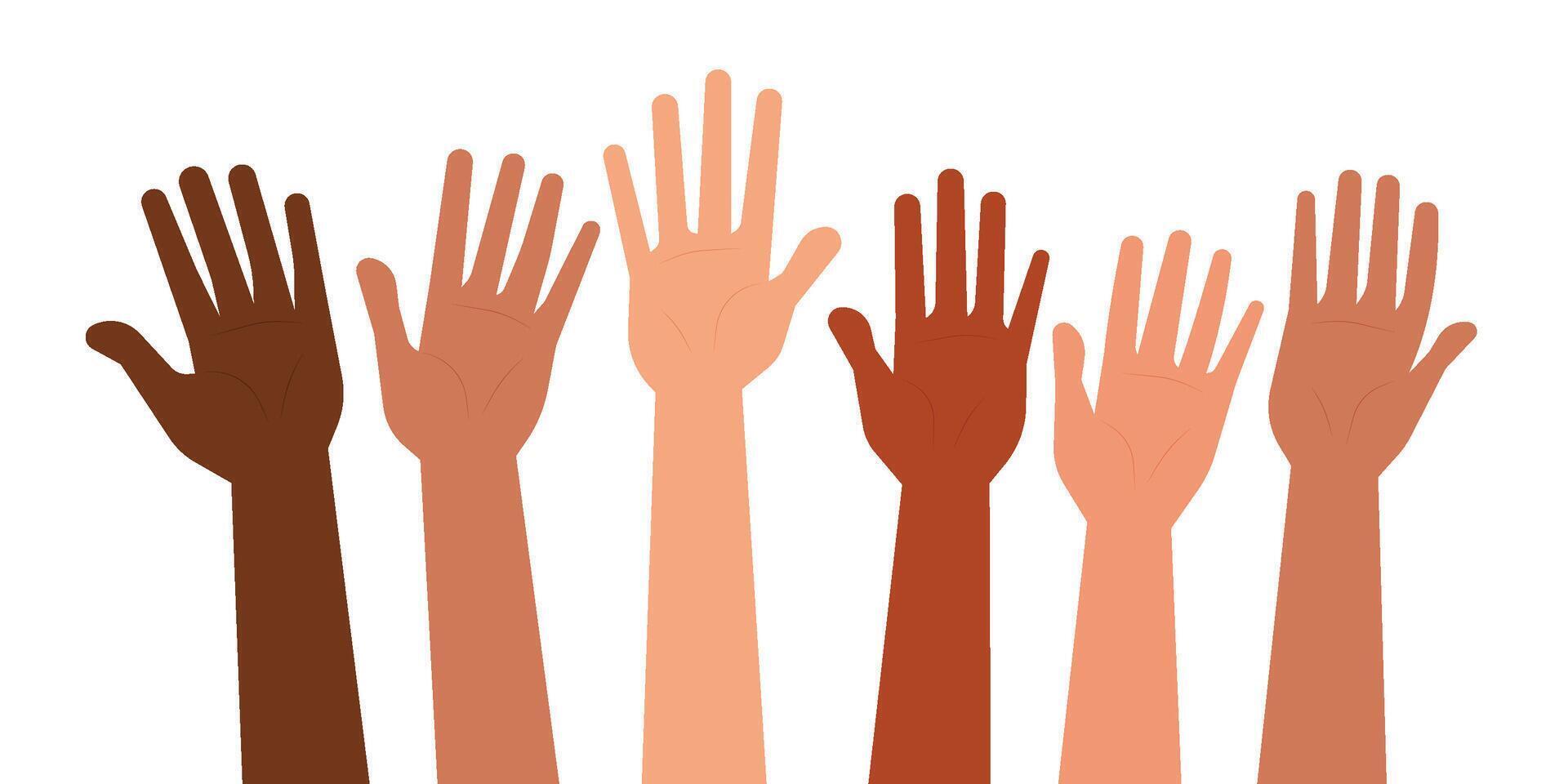 Diverse raised hands with multicultural skin tones symbolizes diversity, unity, community, equality, and voting vector
