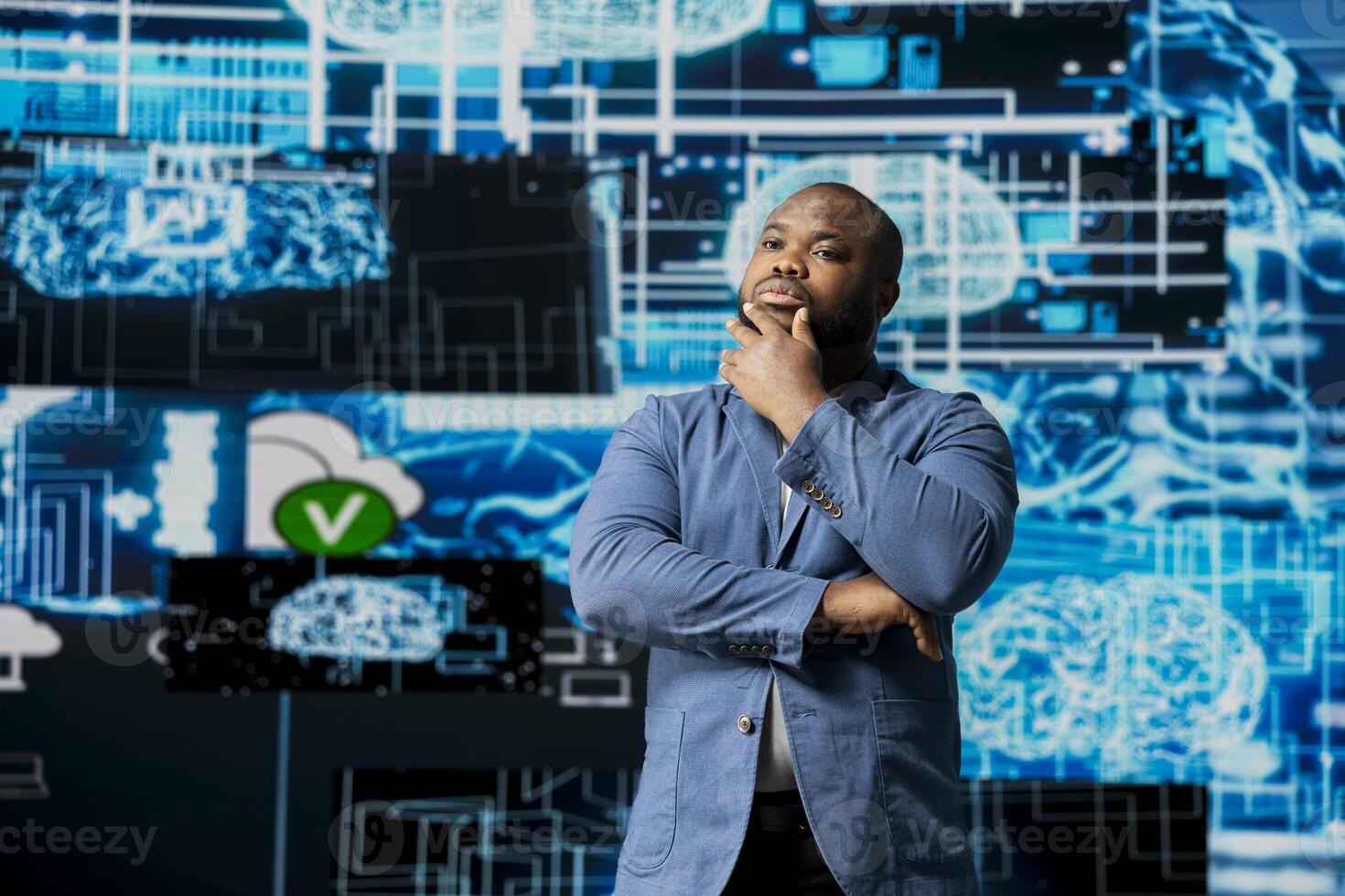 Black IT specialist working in cyberspace and AI brain tools for deep learning and neural networks systems, representing algorithmic thinking development. Big data visualization and coding. photo