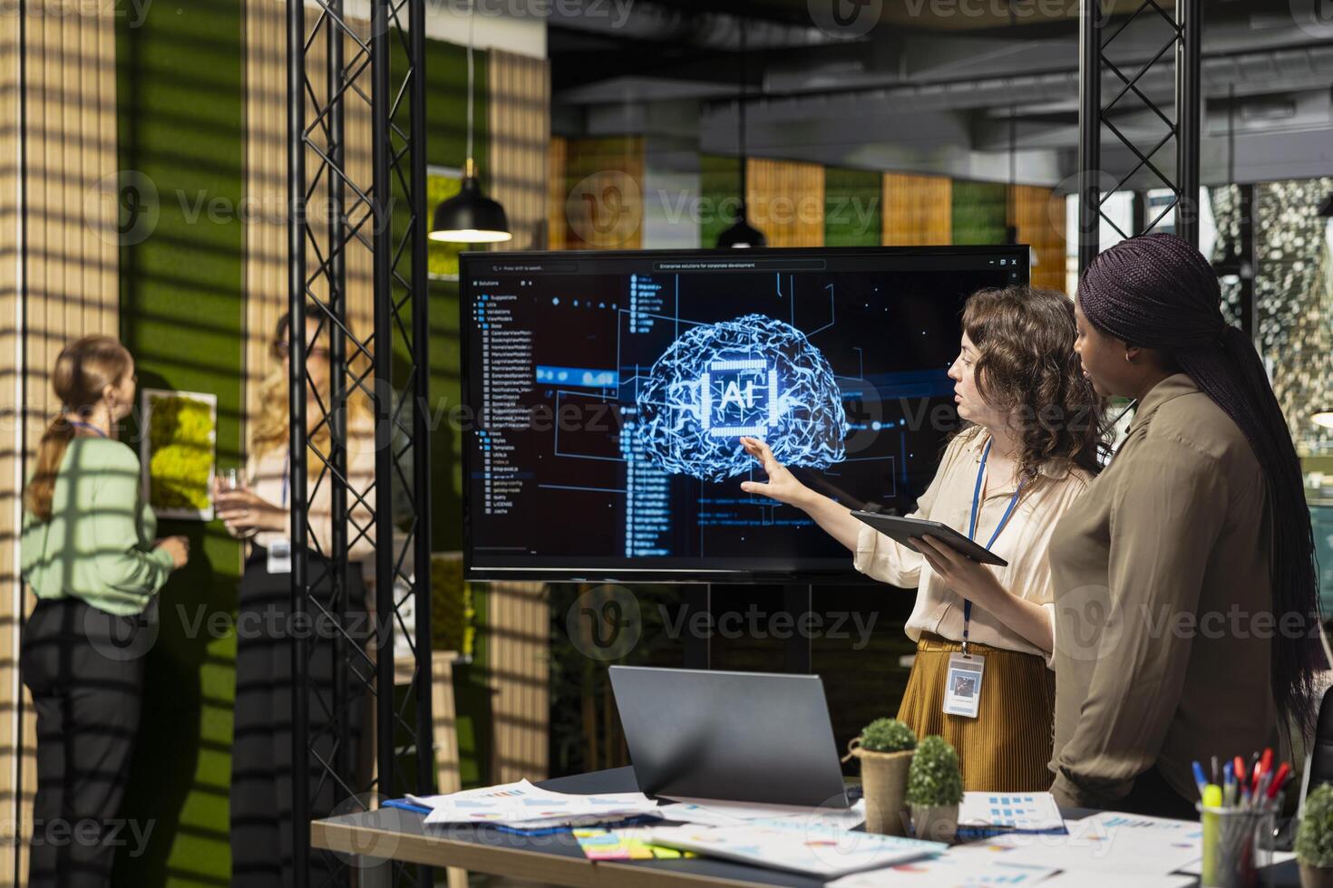 Powerful diverse team leveraging deep learning with big data algorithms, optimizing company performance with AI software and neural networks systems. Business solutions for growth. photo