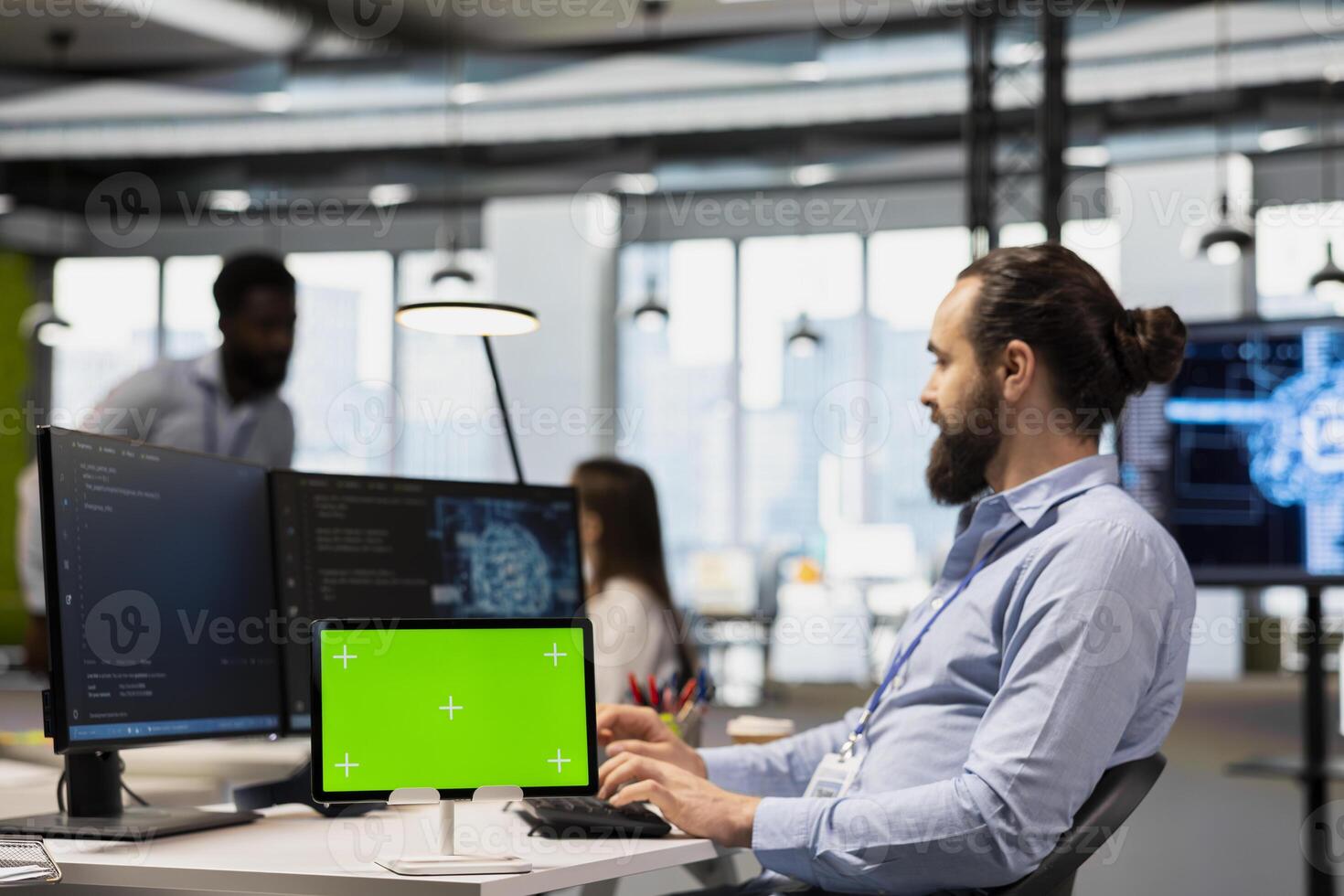 Engineer using isolated screen tablet to adjust machine learning algorithms parameters, automating workflow. Tech company employee using AI insights for code optimization on chroma key device photo