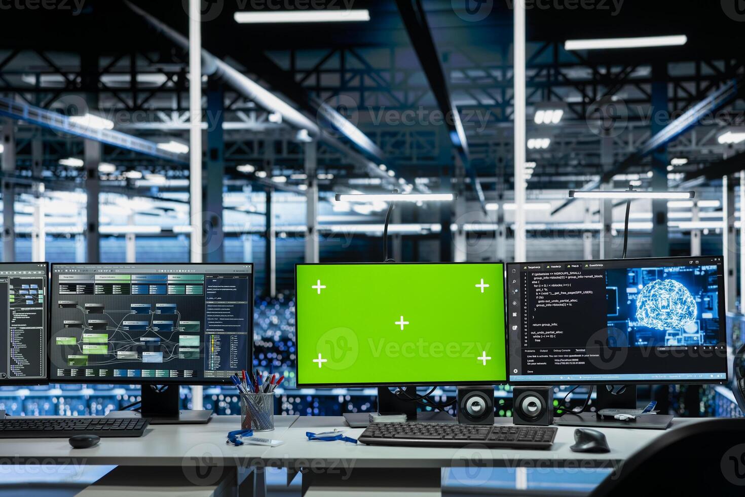 AI app interface on mockup green screen PCs in data center with rigs hosting cloud services. Chroma key isolated screen computers used for deploying deep learning algorithms in server hub photo