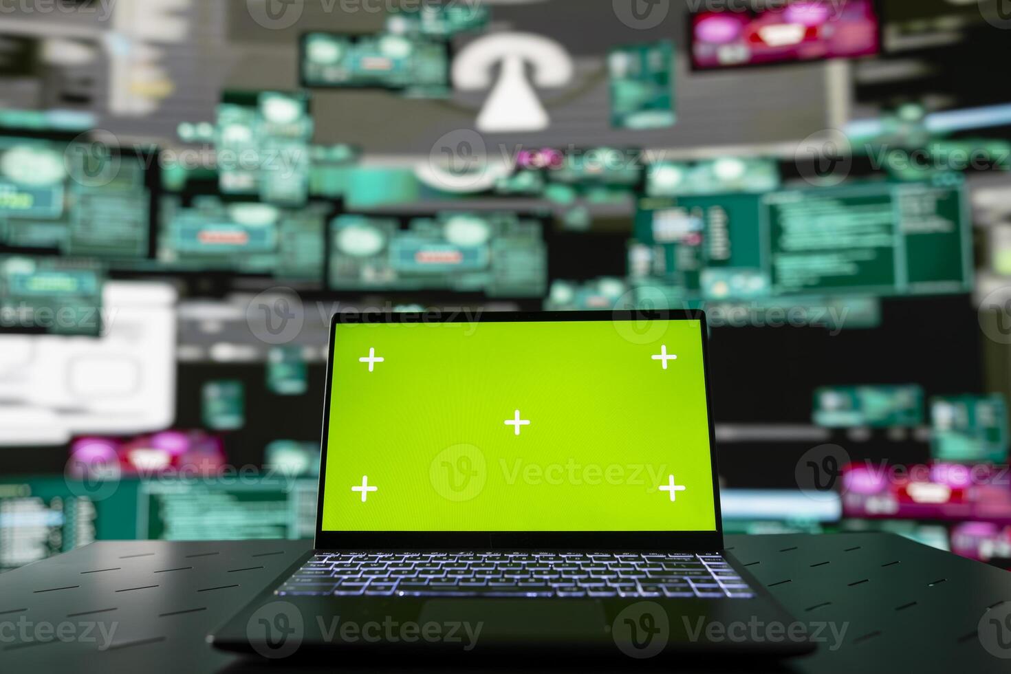 Empty space with mockup screen on pc used to initiate a cyber intrusion, compromising IT security through coding, identity theft and encryption bypass. Trigger alarms and threat detection systems. photo