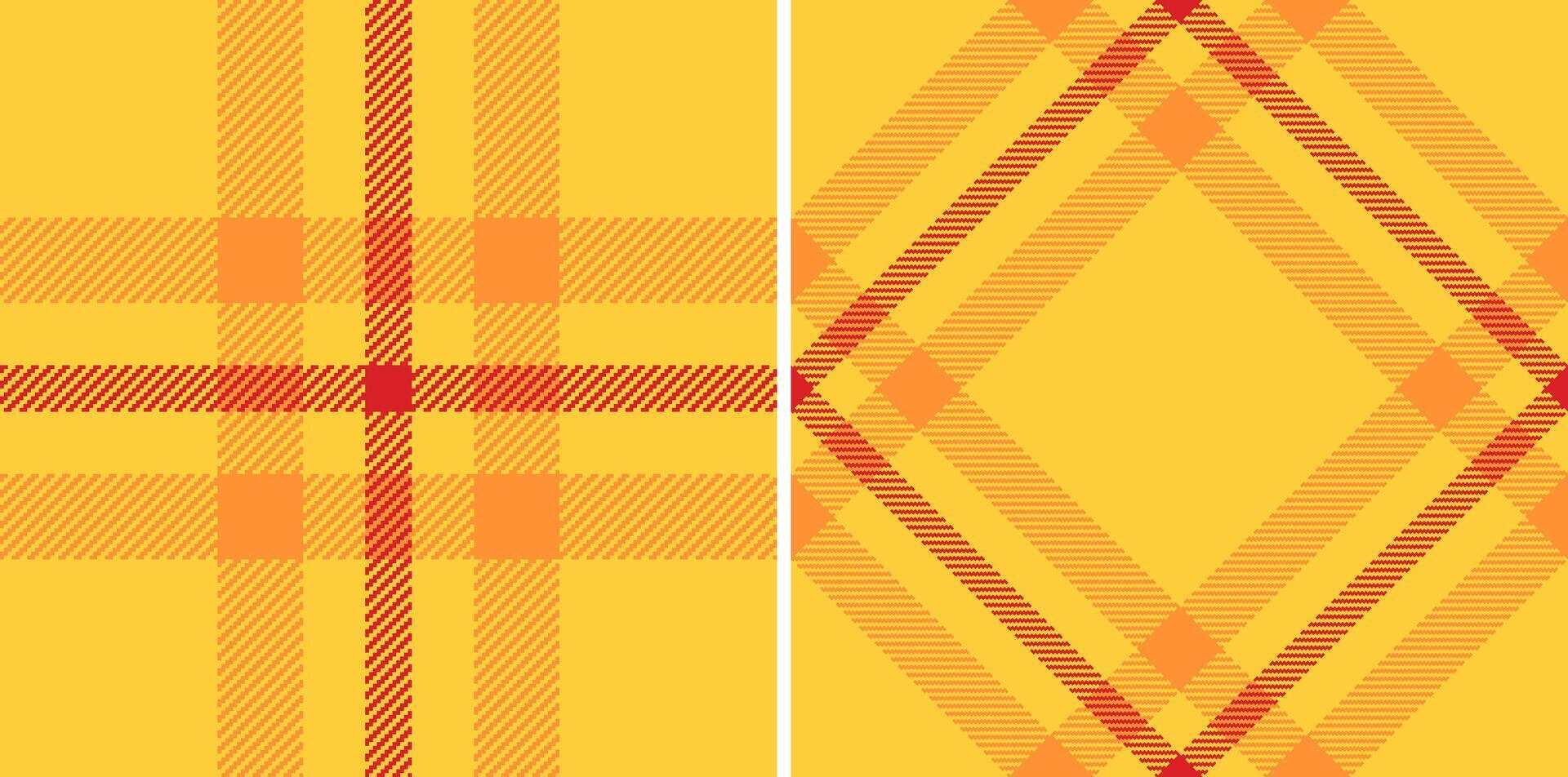 Cheerful tartan patterns featuring a warm yellow palette with orange and red accents. Use for textile designs, backgrounds, or graphic elements. Bright, versatile, and visually appealing. vector