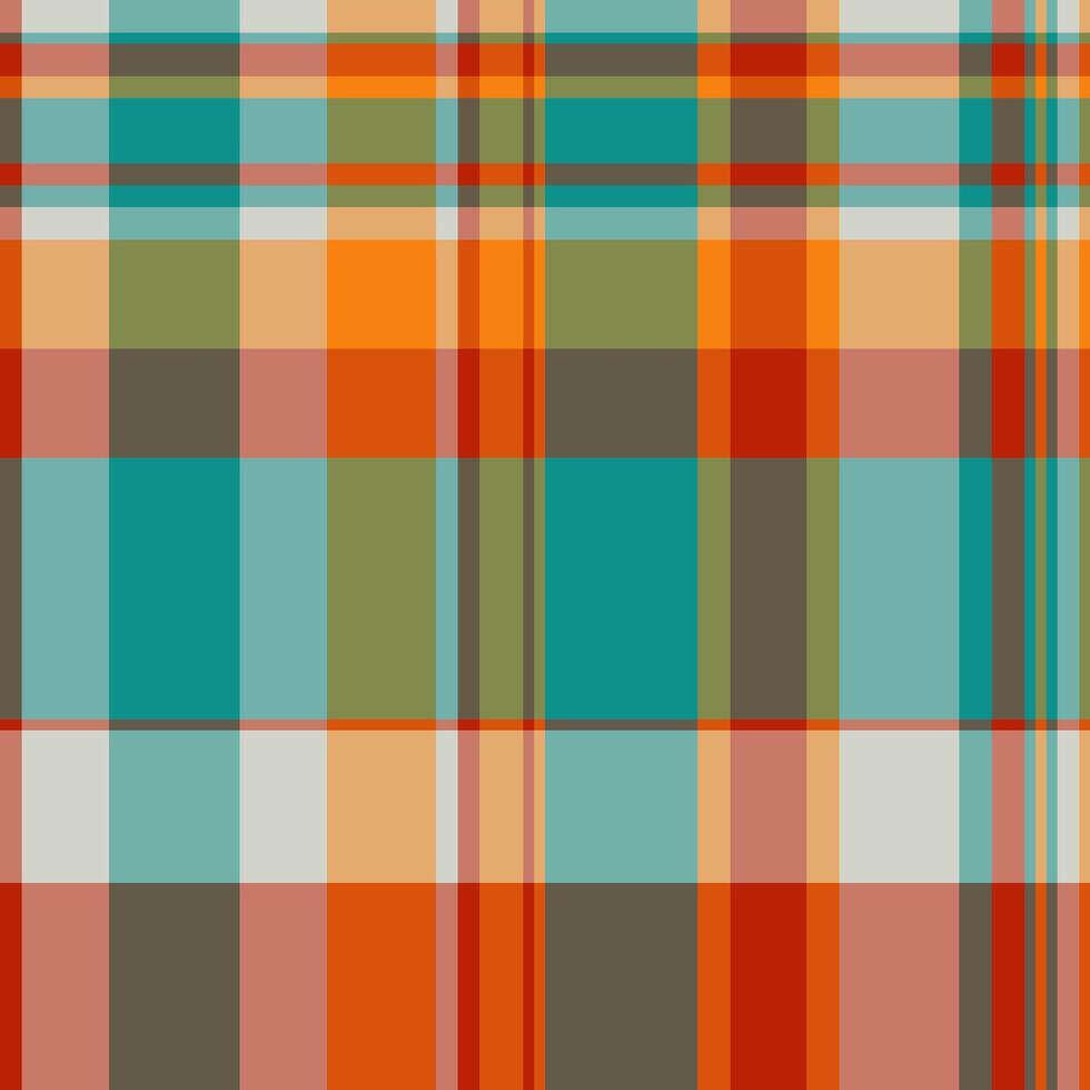 Vibrant, colorful plaid pattern with intersecting lines in shades of orange, teal, olive, and brown. Great for backgrounds, textiles, or abstract design projects. vector