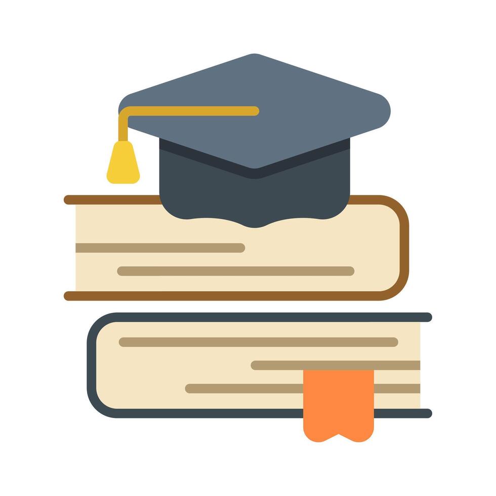 Flat education icon showing a graduation cap on top of a stack of books with a bookmark, symbolizing study, knowledge, and academic success. vector