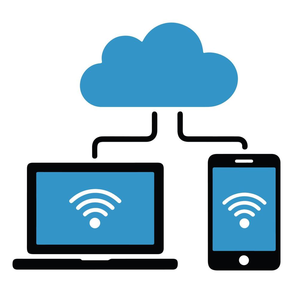 Cloud computing connection between devices and the internet graphic vector