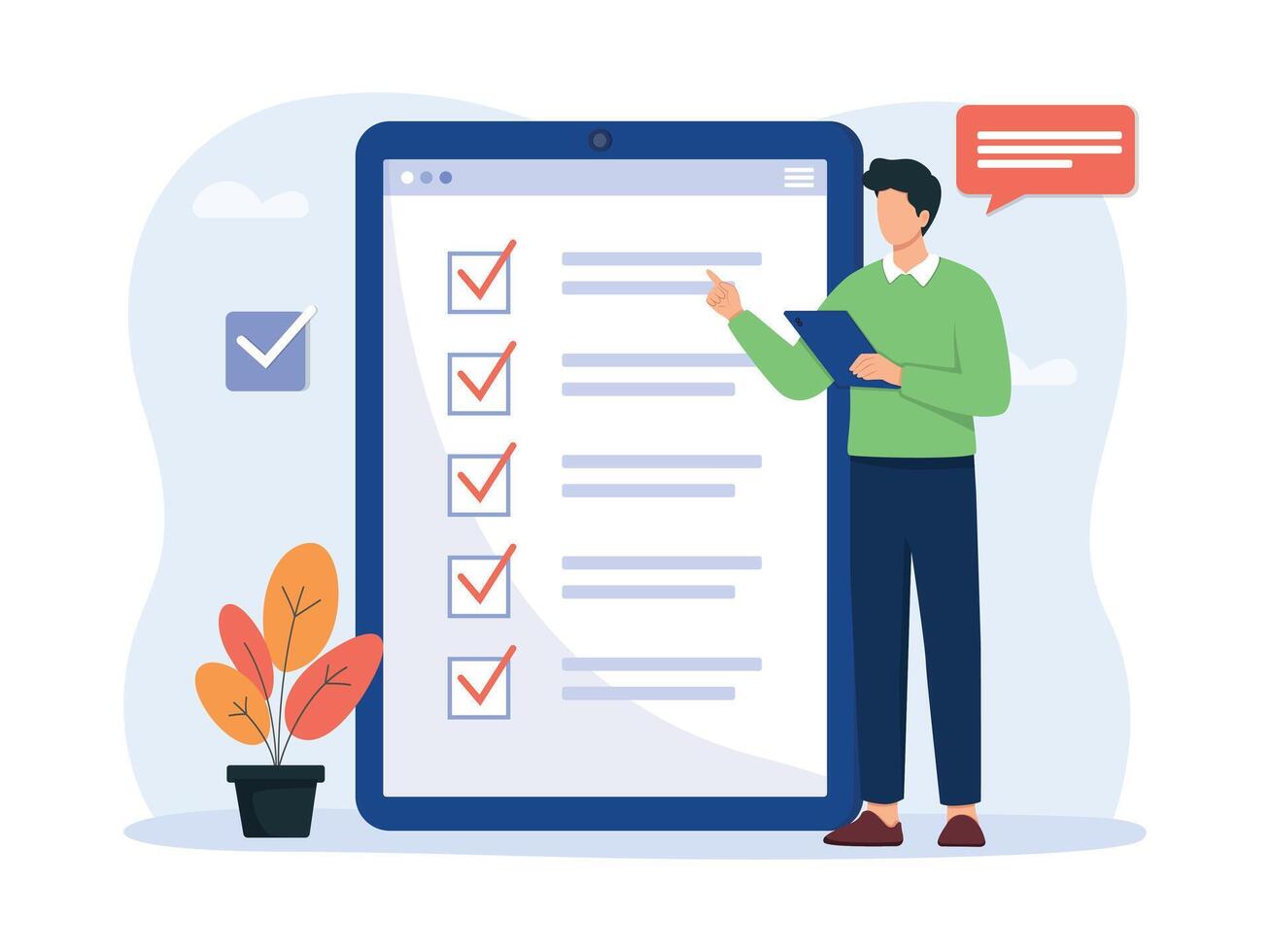 Businessman reviewing checklist on tablet digital task management. Check list with tick mark, businessman with questionnaire. vector