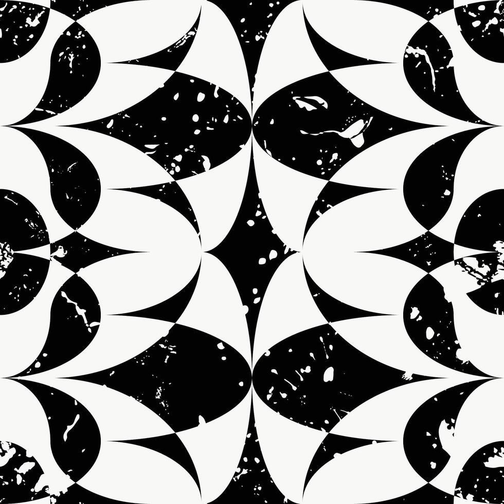 Decorative ceramic tiles print texture, graphic, web template layout. Monochrome seamless background. Black and white ornament with simple curved shapes vector