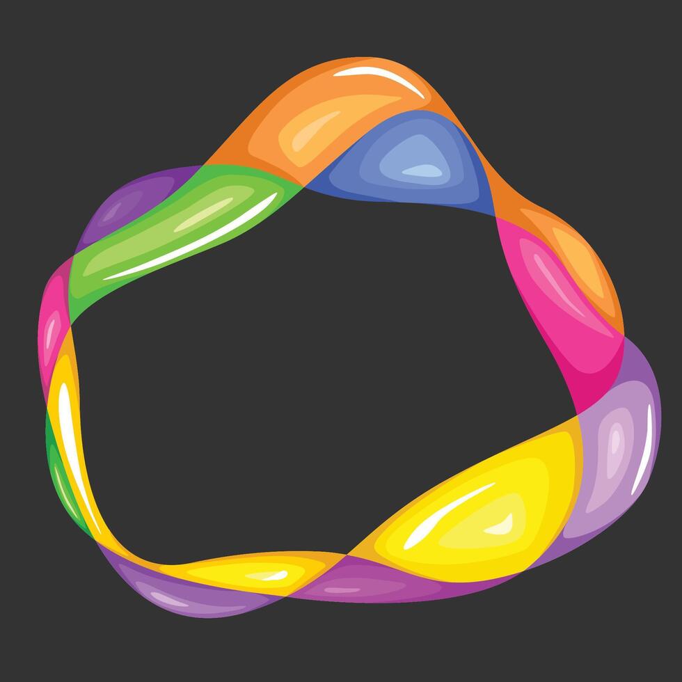 Abstract circle twisted lines, wavy colored bubbles round frame. Colorful rainbow background with empty space for text. Amorphous ring banner design vector