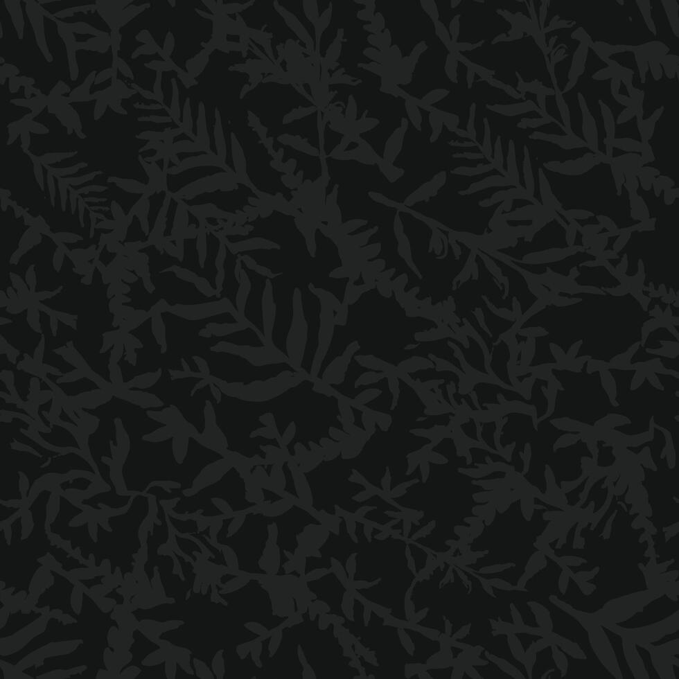 Grunge camouflage plant leaves, hand drawn seamless pattern. Ink texture with tree branches. Camo with twig. Black and gray grunge drawing. Botanical textile, wrapping paper vector