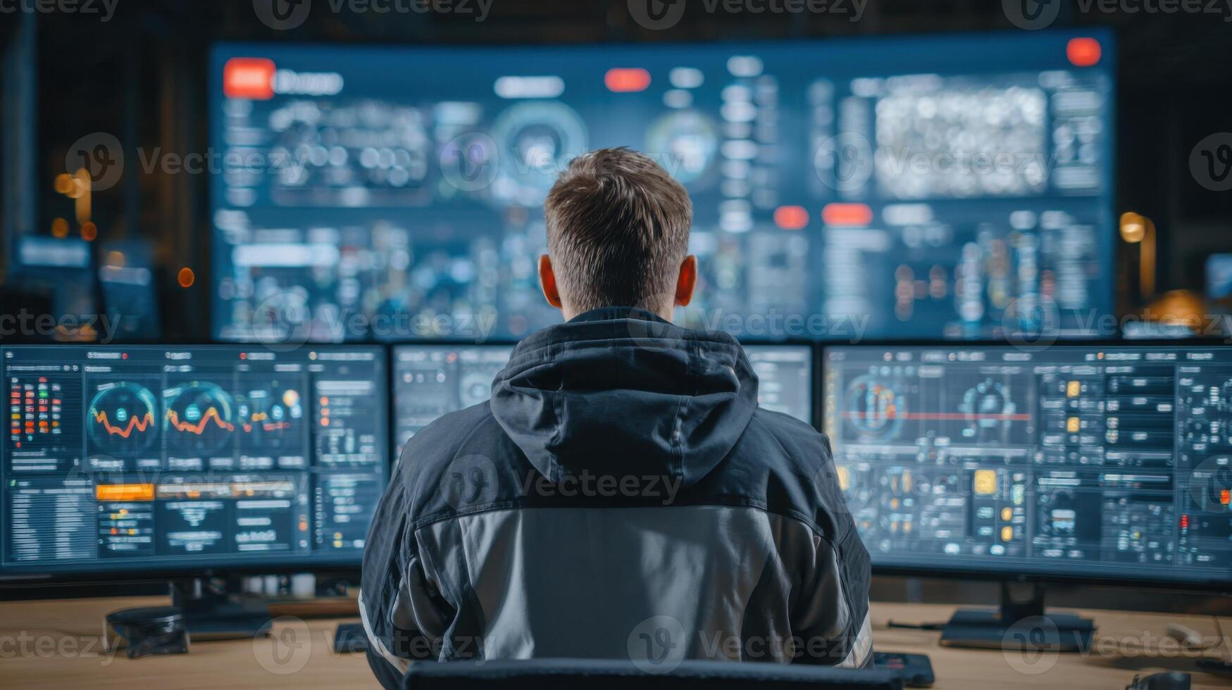 A person focused on analyzing various data sets displayed across multiple screens in a high-tech control room. The environment is dimly lit with vibrant graphics on all monitors photo