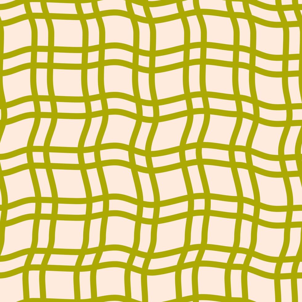 Seamless pattern of curved checkered lines on a beige background. Twisted checkered wavy texture. Green and beige colors vector